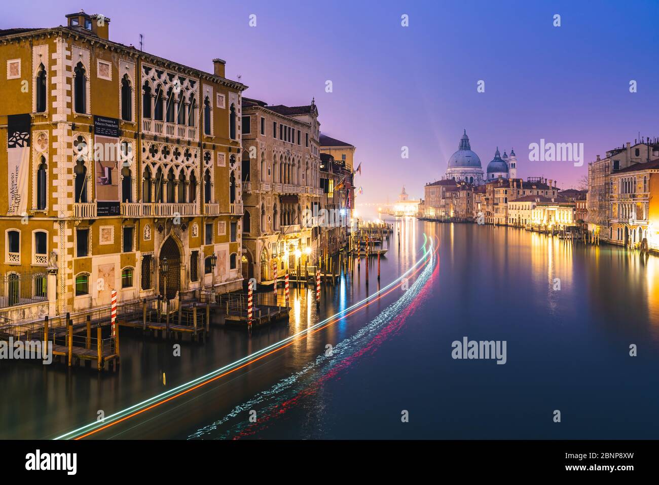 Grand Canal de nuit, Palazzo Cavalli-Franchetti, Santa Maria della Salute, Venise, centre historique, Vénétie, Italie, Nord de l'Italie, Rialto, Europe Banque D'Images