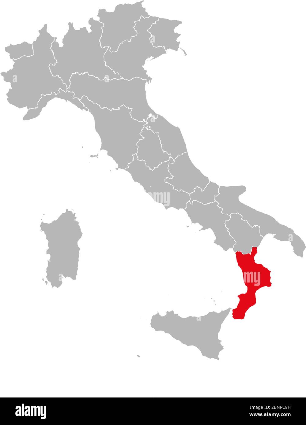Calabre mis en évidence sur la carte de l'italie. Fond gris. Carte politique italienne. Illustration de Vecteur