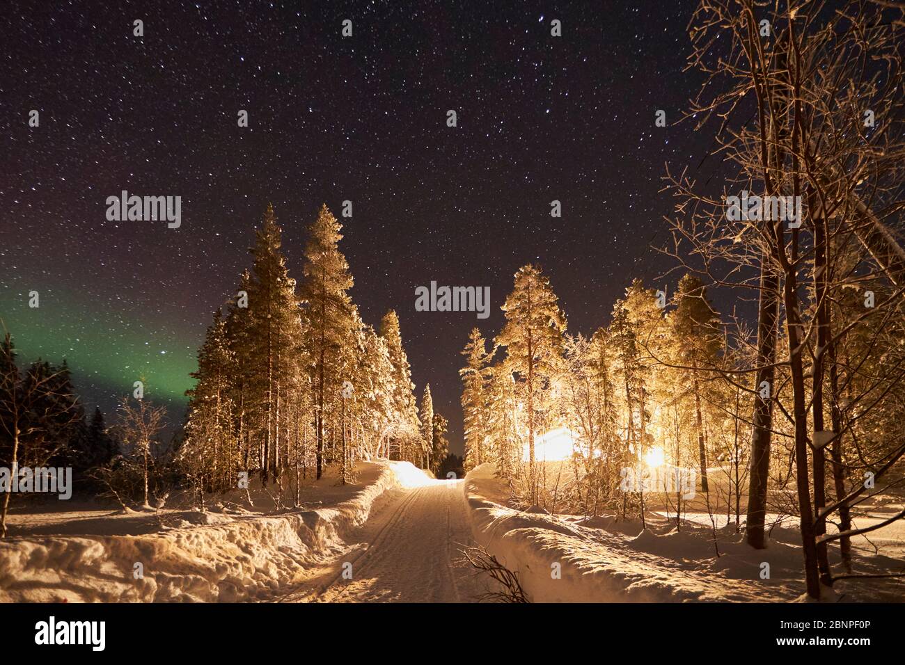 Finlande, Laponie, hiver, neige, route, feux du Nord Banque D'Images
