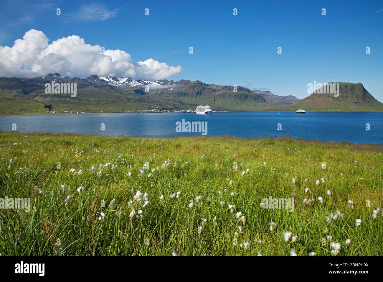 Vue sur la baie de Grundarfjoerdur et sur les montagnes enneigées de Kvernarfjall. Dans la baie se trouve le bateau de croisière 'saphir Princess' dans la roadstead. Banque D'Images