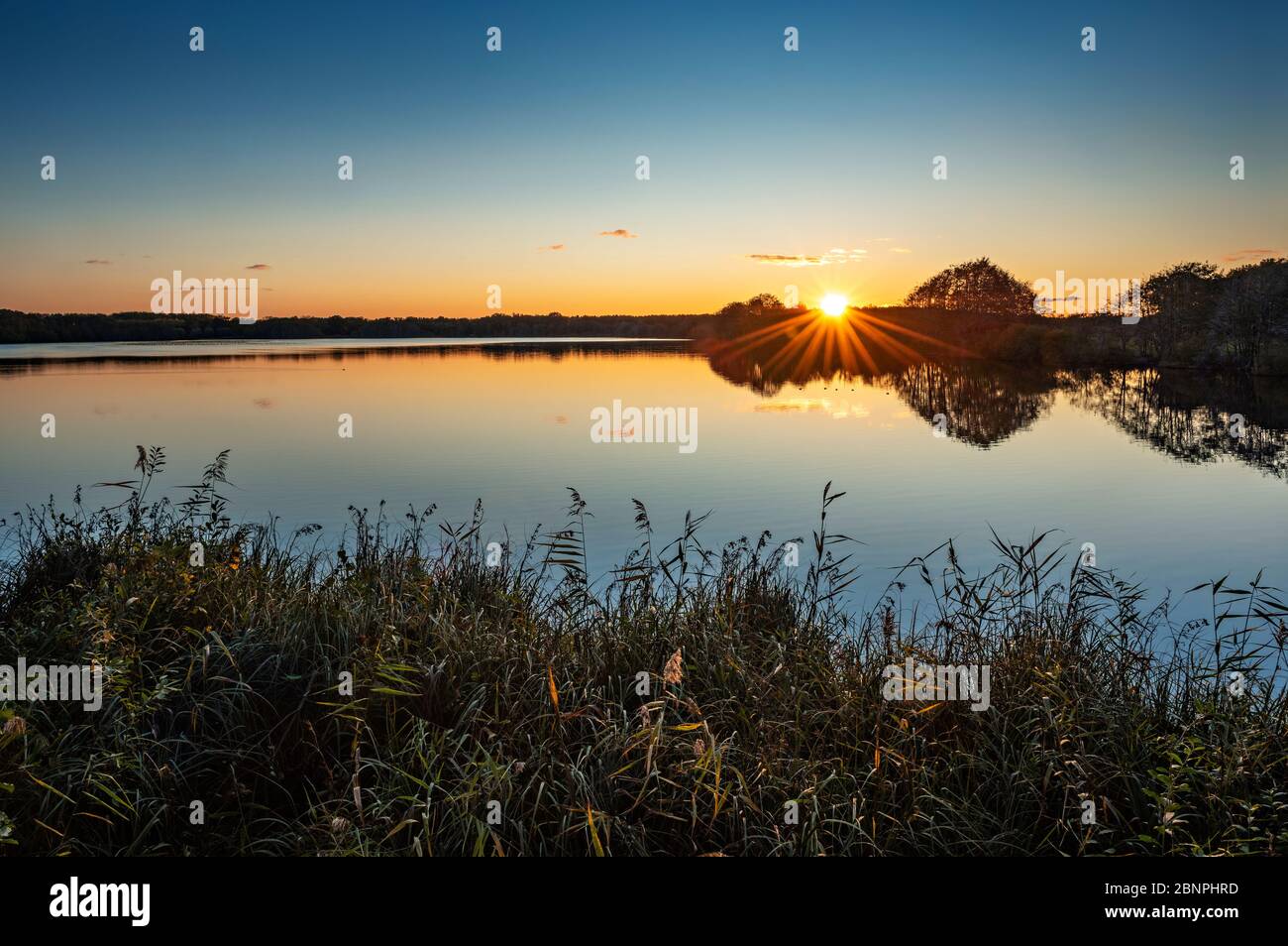 Allemagne, Mecklembourg-Poméranie occidentale, Parc national de Mueritz, Lac Warnker Voir au coucher du soleil Banque D'Images