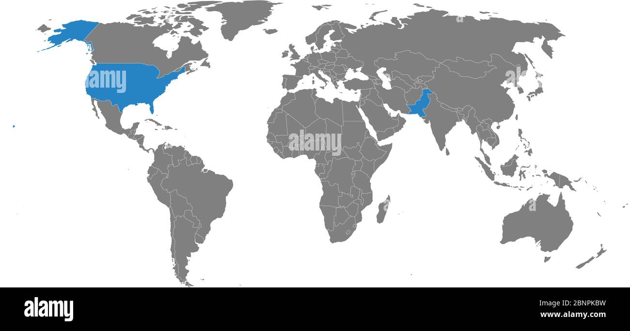 Pakistan, Etats-Unis carte politique mise en évidence sur la carte du monde. Fond gris. Concepts commerciaux, relations économiques et étrangères. Illustration de Vecteur