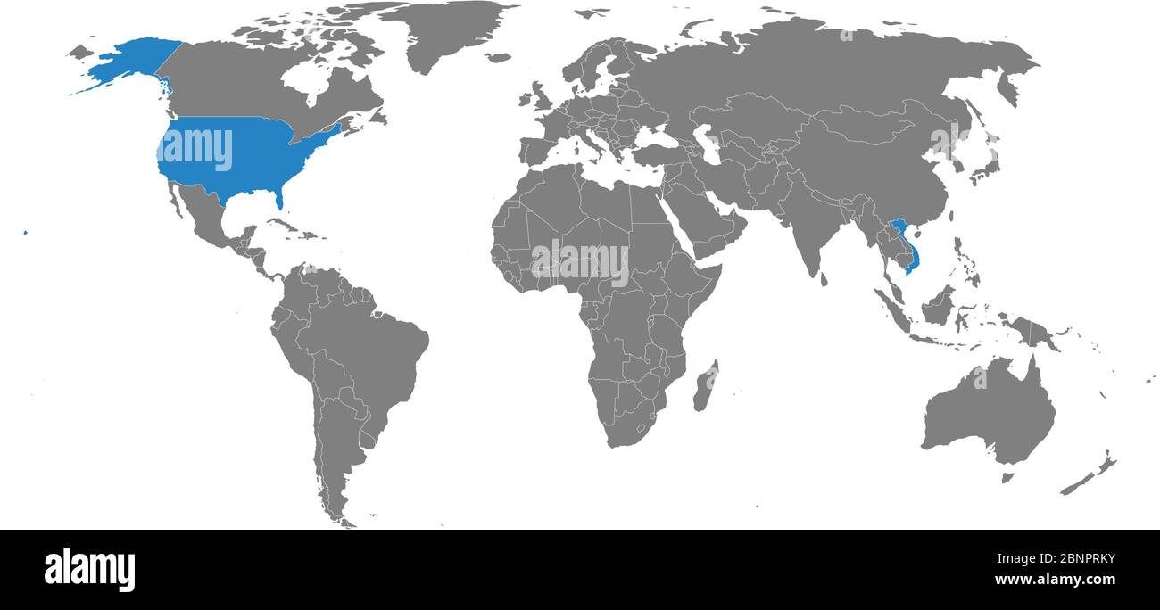 Vietnam, Etats-Unis carte politique mise en évidence sur la carte du monde. Fond gris. Concepts commerciaux, relations économiques et étrangères. Illustration de Vecteur