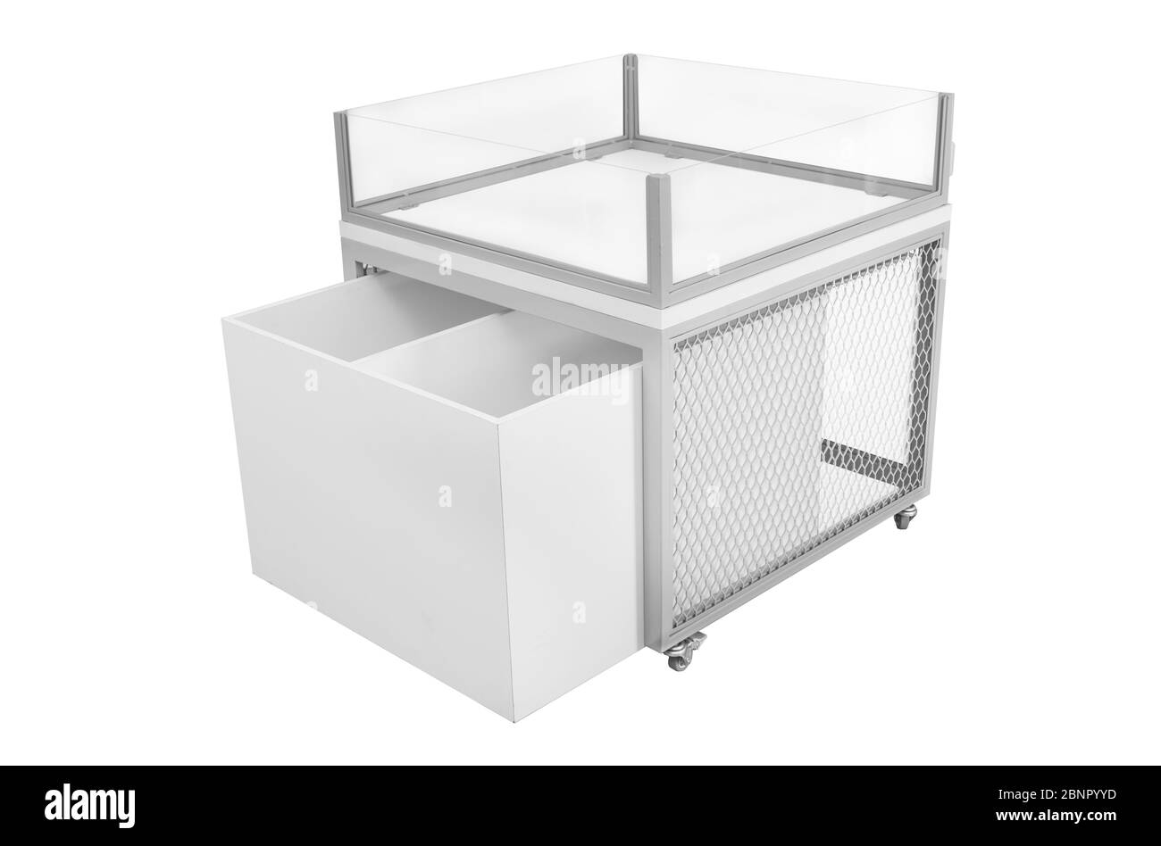 Publicité POS POI Display étagères pour supermarché Floor Showcase sur fond blanc. Banque D'Images