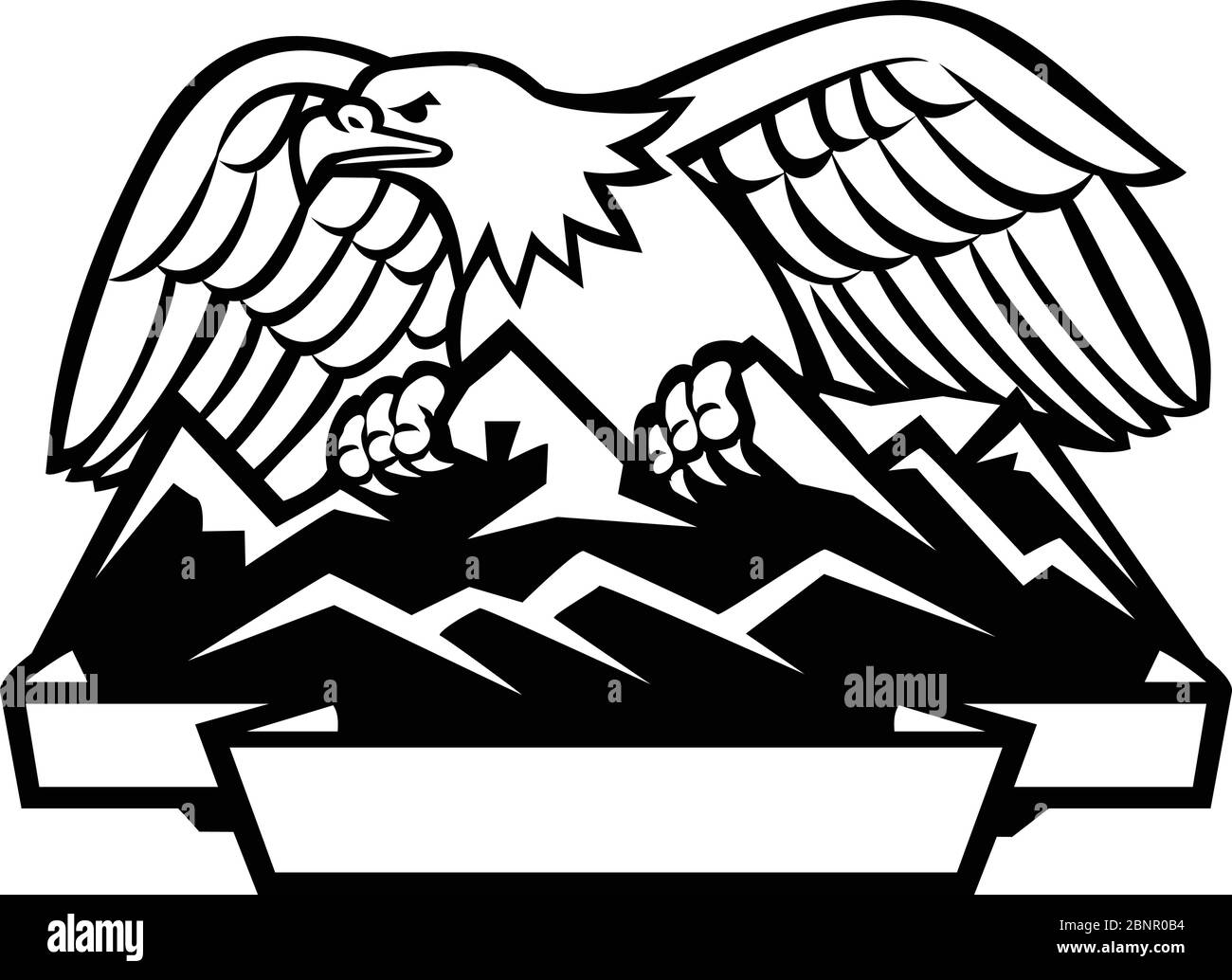 Illustration en noir et blanc d'un aigle à tête blanche d'Amérique qui perche sur le dessus de la chaîne de montagnes enneigée vue de l'avant sur un arrière-plan isolé dans le style rétro Illustration de Vecteur