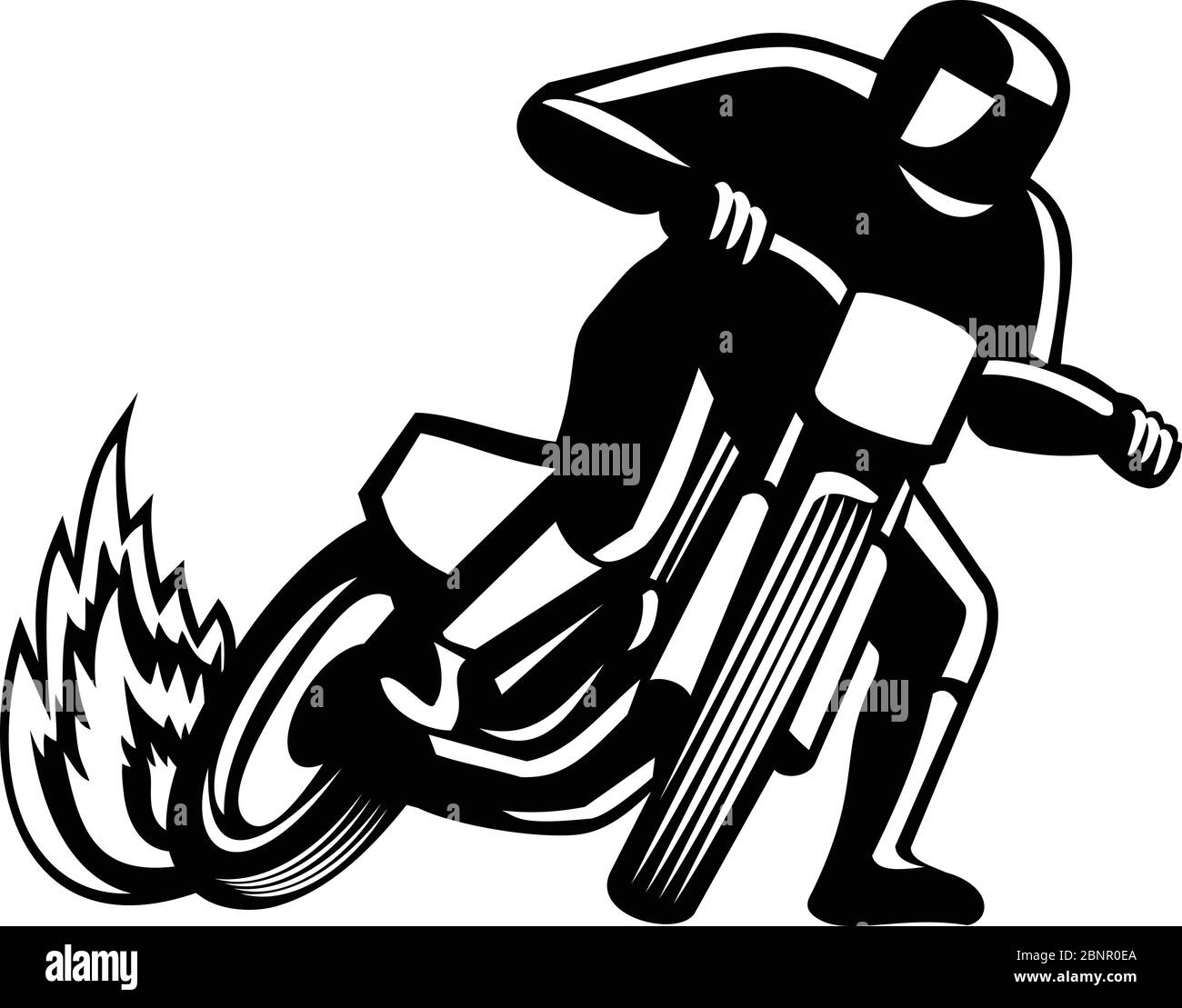 Illustration en noir et blanc d'un motocycliste à vélo, course sur piste plate ou course sur piste de terre vue de l'avant sur un arrière-plan isolé dans la ret Illustration de Vecteur