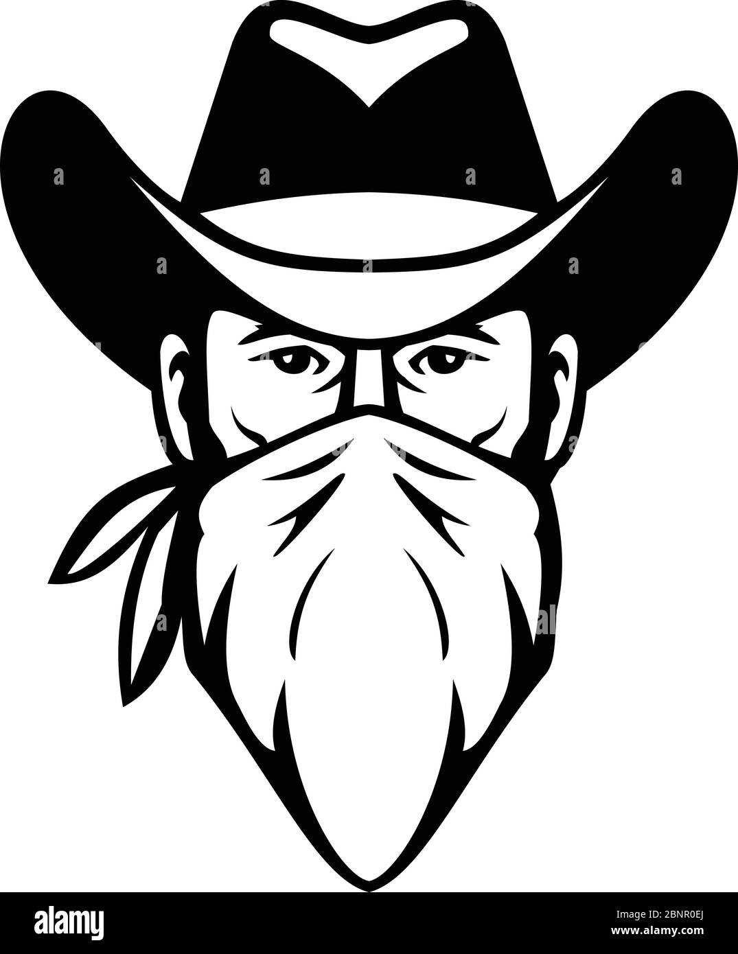 Illustration en noir et blanc du chef de bandit, hors-la-loi ou highwayman portant chapeau de cowboy et masque facial, bandana, kkerchin ou bandanna vue avant sur iso Illustration de Vecteur