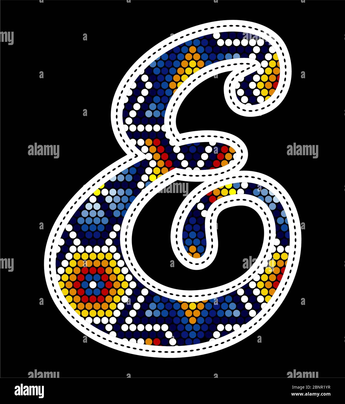 Lettre E majuscule initiale avec points colorés. Design abstrait inspiré du style artisanal mexicain à perles de huichol. Isolé sur fond noir Illustration de Vecteur