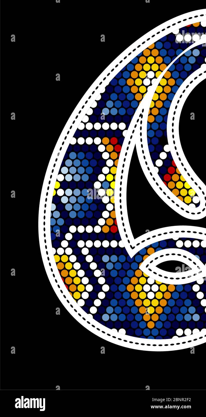 Lettre Q majuscule initiale avec points colorés. Design abstrait inspiré du style artisanal mexicain à perles de huichol. Isolé sur fond noir Illustration de Vecteur