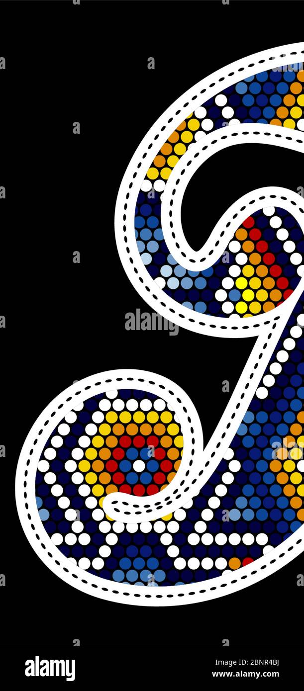 Lettre T majuscule initiale avec points colorés. Design abstrait inspiré du style artisanal mexicain à perles de huichol. Isolé sur fond noir Illustration de Vecteur