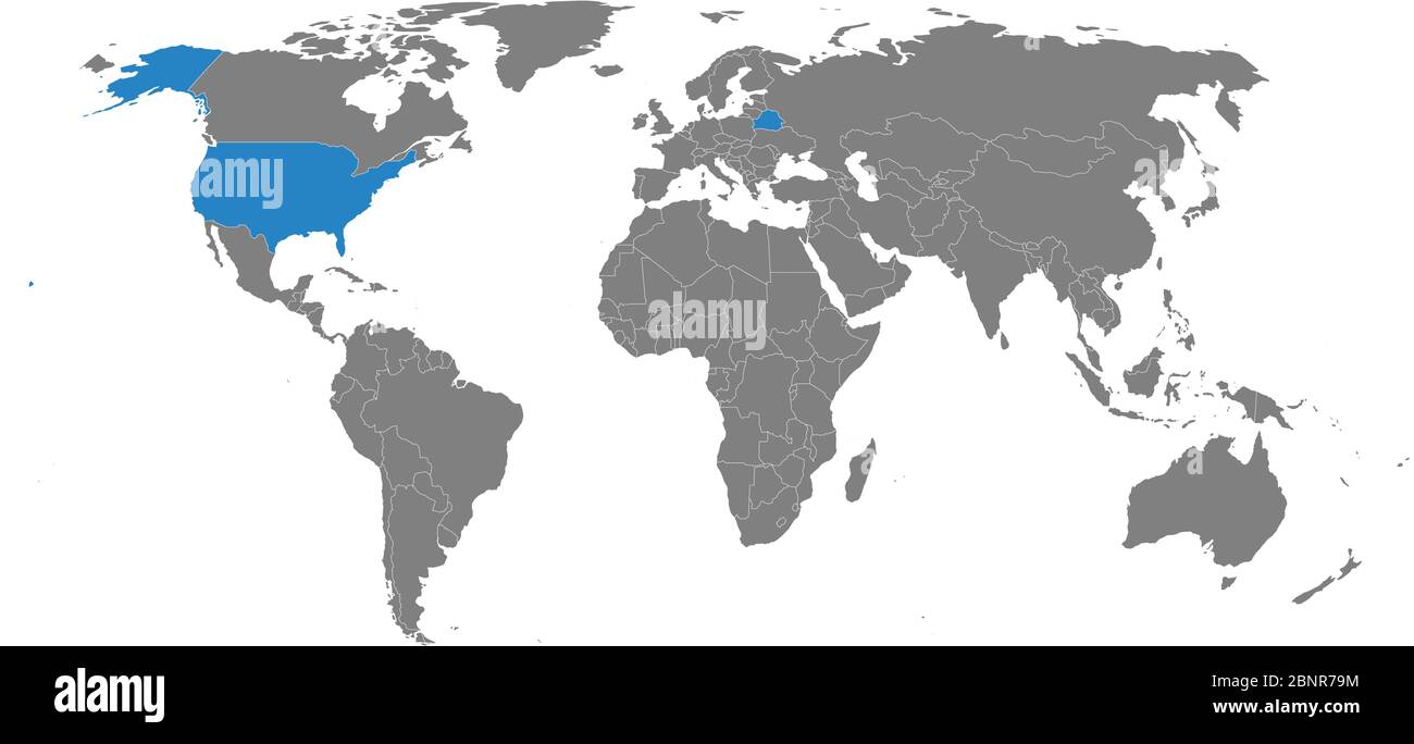Carte des comtés de la Biélorussie et des États-Unis mise en évidence sur la carte du monde. Fond gris. Concepts commerciaux, relations économiques et étrangères. Illustration de Vecteur