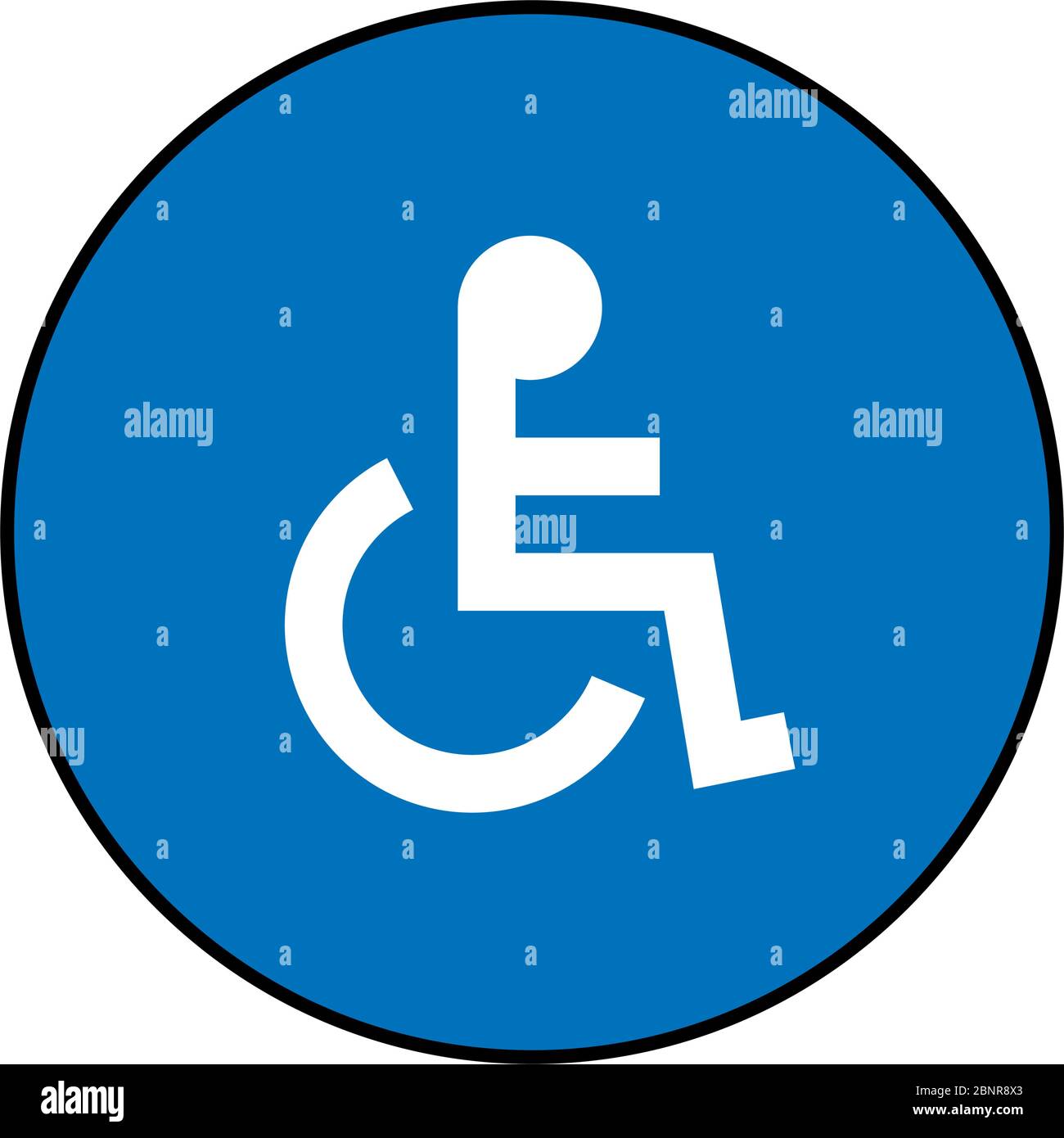 Signe d'incapacité, symbole fauteuil roulant handicap. Fond bleu rond