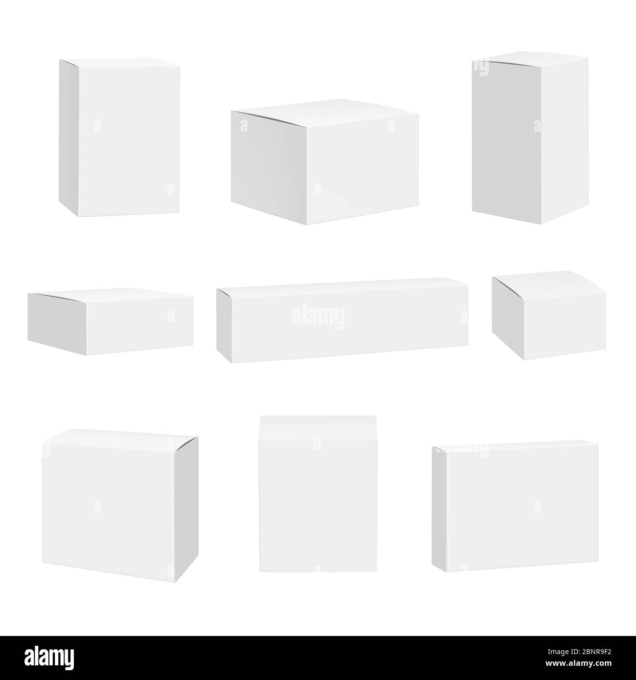 Case blanche vierge. Packages boîtes quadrate de conteneur maquette vectorielle réaliste détaillée Illustration de Vecteur