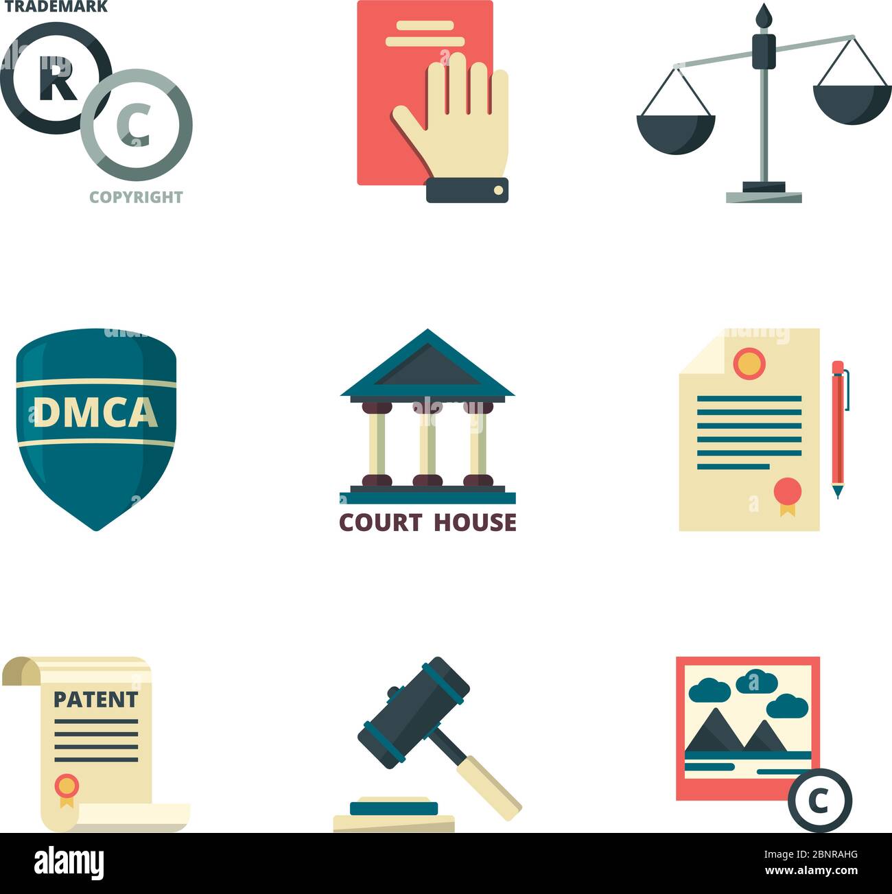 Icônes de copyright. Entreprise juridique droit qualité administration politique réglementation conformité vecteur de couleur plate symboles Illustration de Vecteur