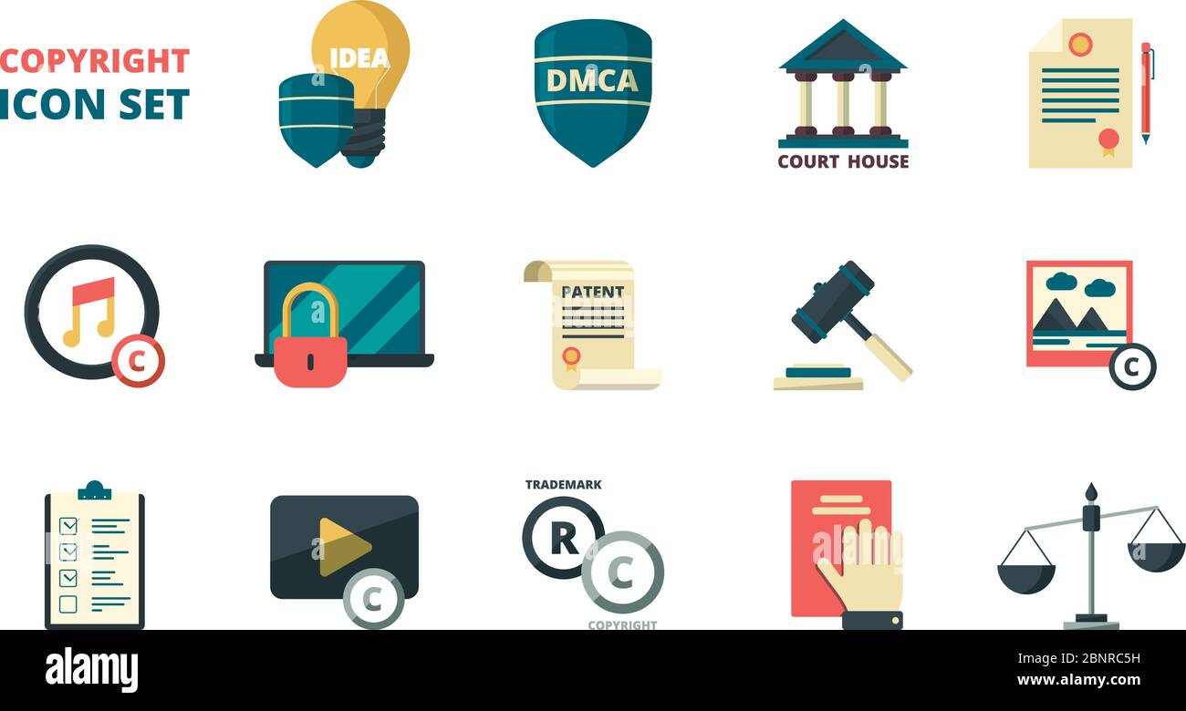 Icônes de copyright de brevet. Propriété intellectuelle droits personnels individuels réglementation juridique qualité administration symboles vectoriels Illustration de Vecteur