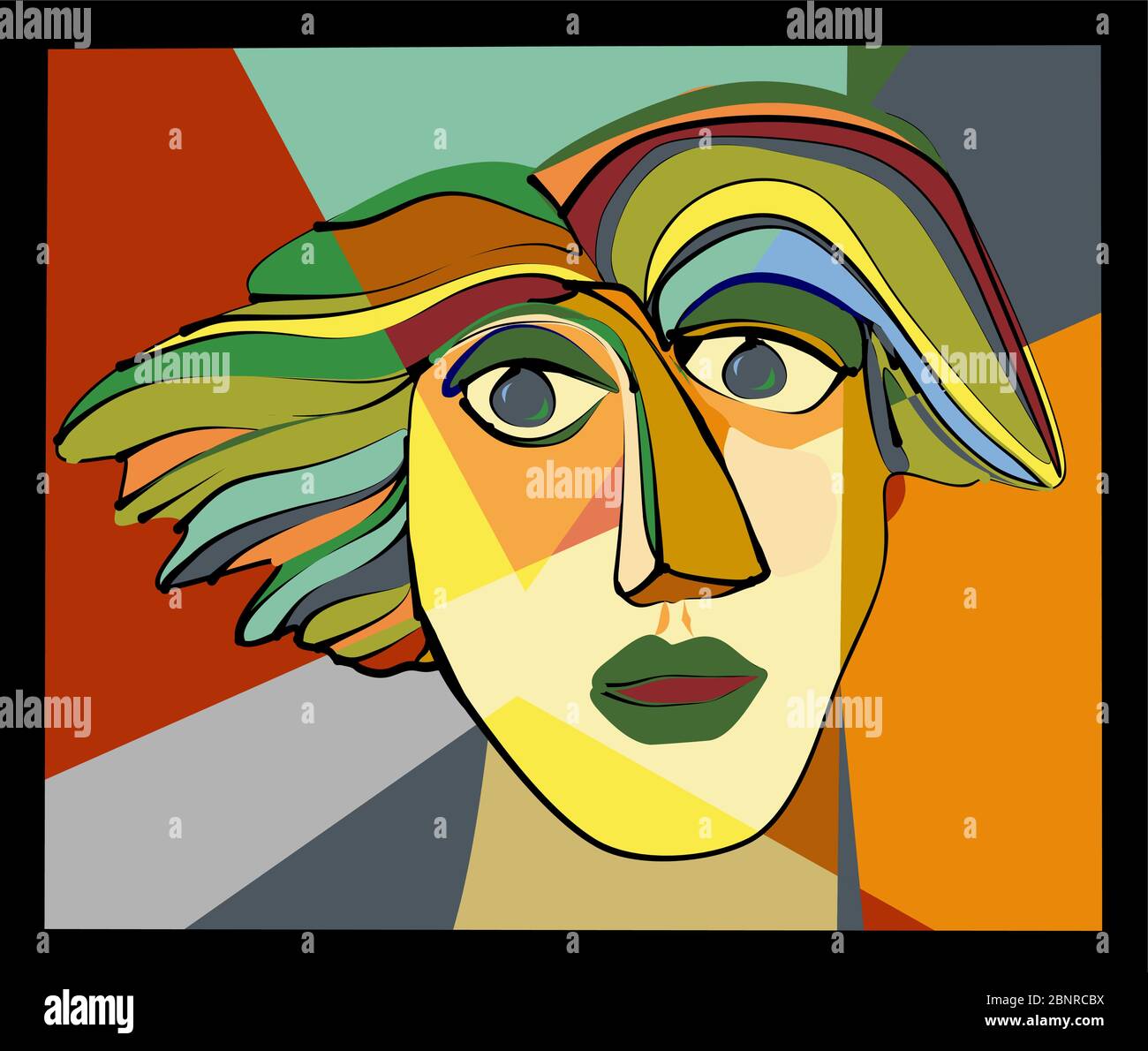 Arrière-plan abstrait coloré, style d'art cubisme, tête avec les cheveux dans le vent Illustration de Vecteur