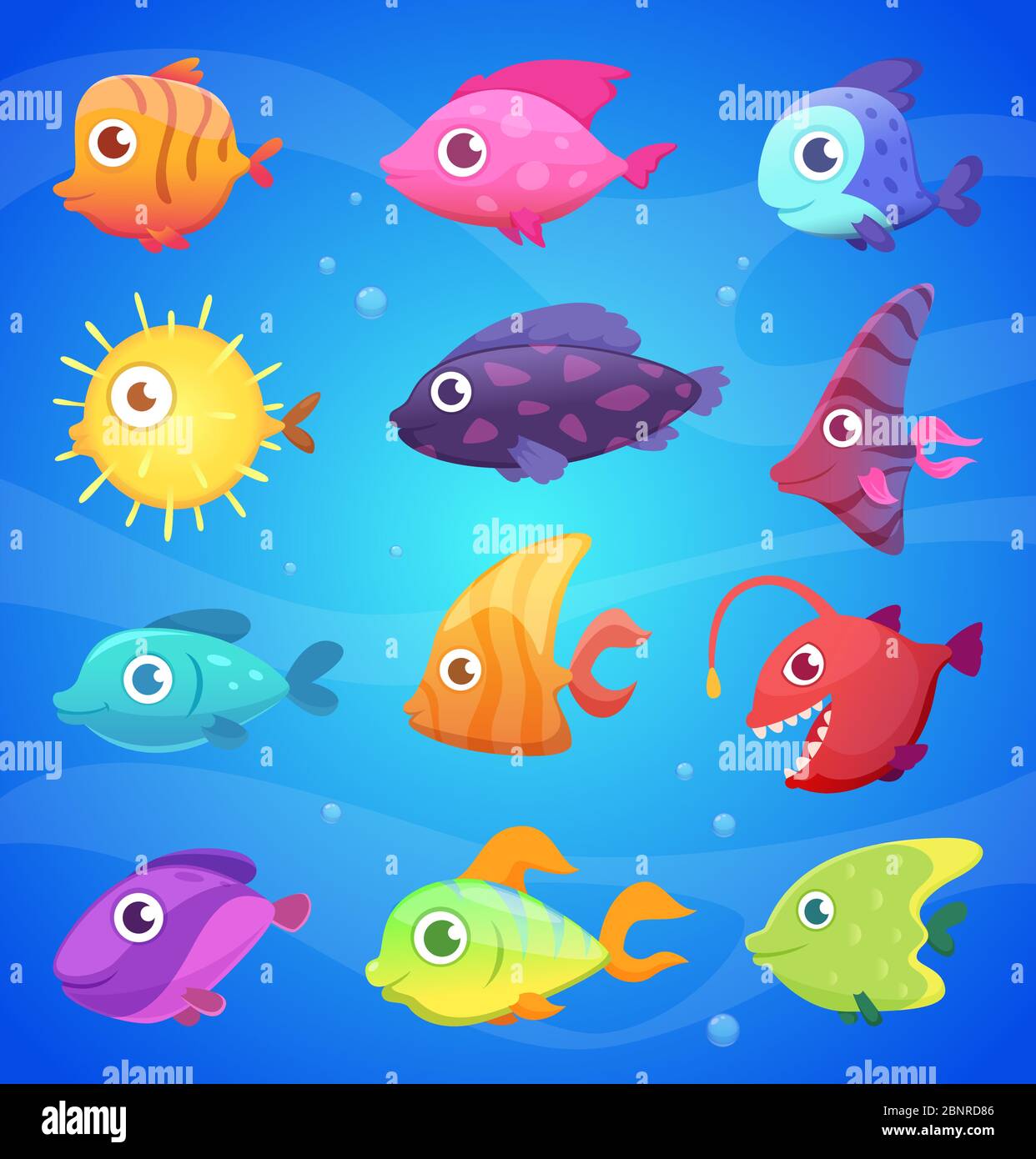 Poisson de dessin animé coloré. Animaux sous-marins amusants avec de grands yeux océan et la vie de mer illustrations vectorielles Illustration de Vecteur