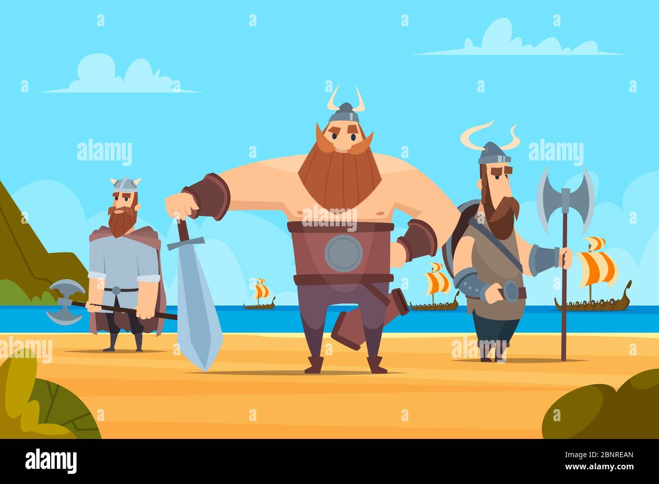 Arrière-plan des guerriers viking. Personnages militaires authentiques médiévaux peuple norvégien vecteur paysage de dessins animés Illustration de Vecteur