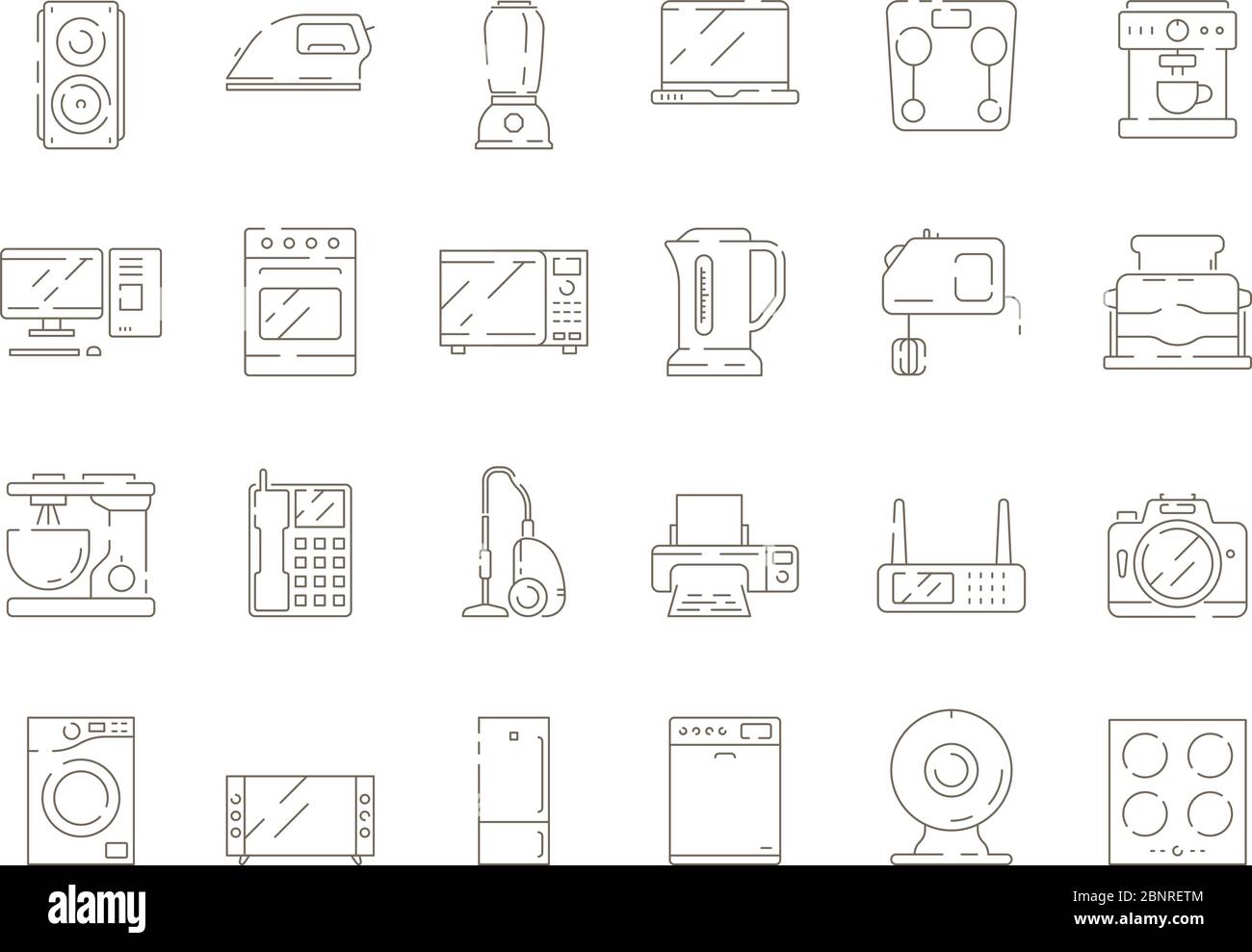 Articles domestiques. Cuisine appareils électriques mélangeur micro-ondes tv ordinateur réfrigérateur vecteur ligne fine icônes Illustration de Vecteur
