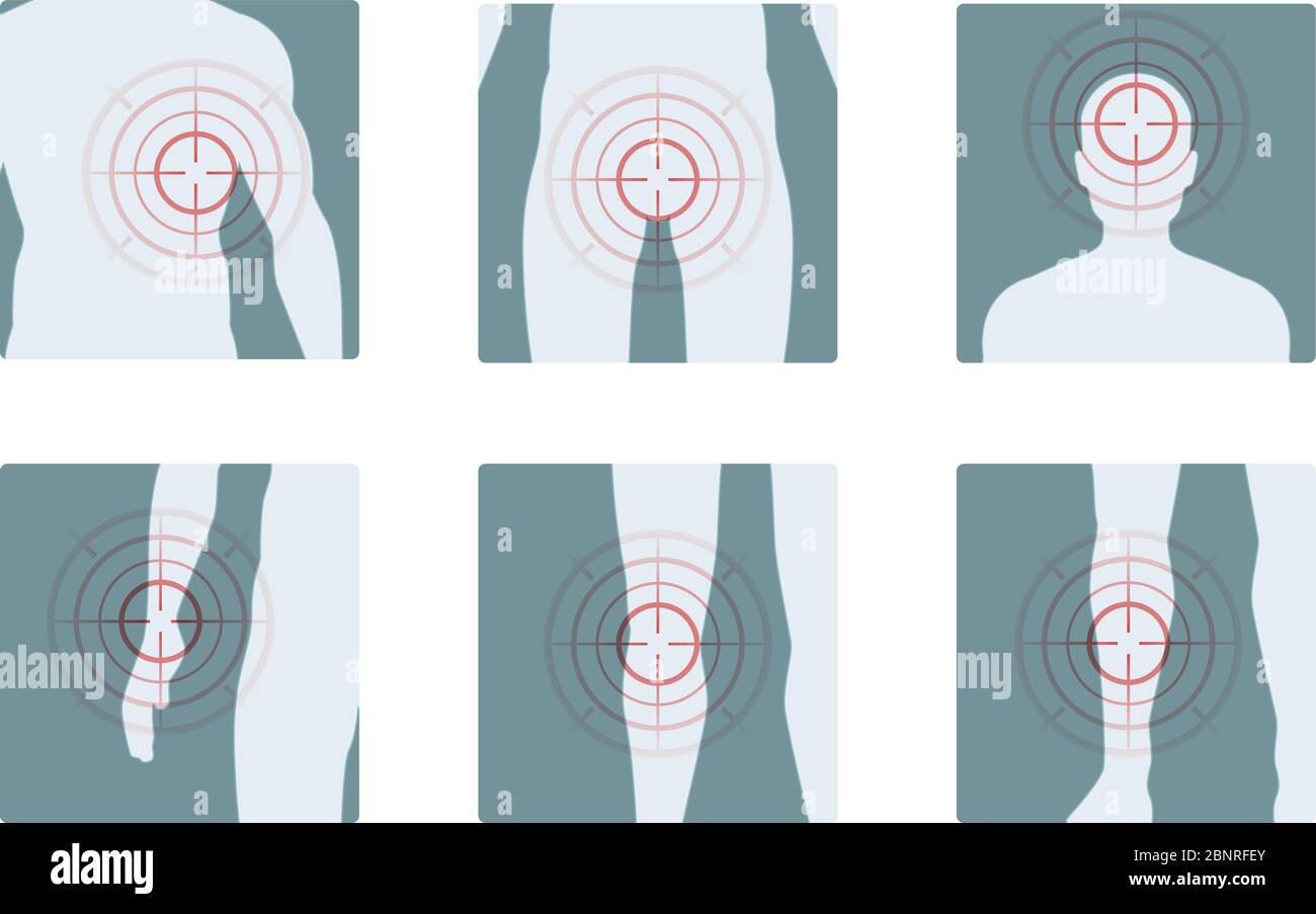 Douleur corporelle. Cercles concentriques rouges de pièces humaines douloureuses analgésiques vecteur images concept Illustration de Vecteur