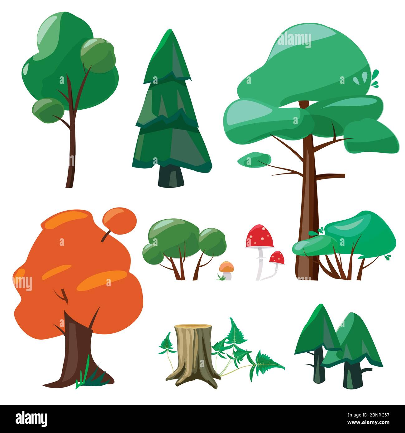 Éléments de dessin animé nature. Jeu ui collection d'arbres arbustes branches chanvre racines pierres feuilles flaques vecteur temps symboles dessin animé Illustration de Vecteur