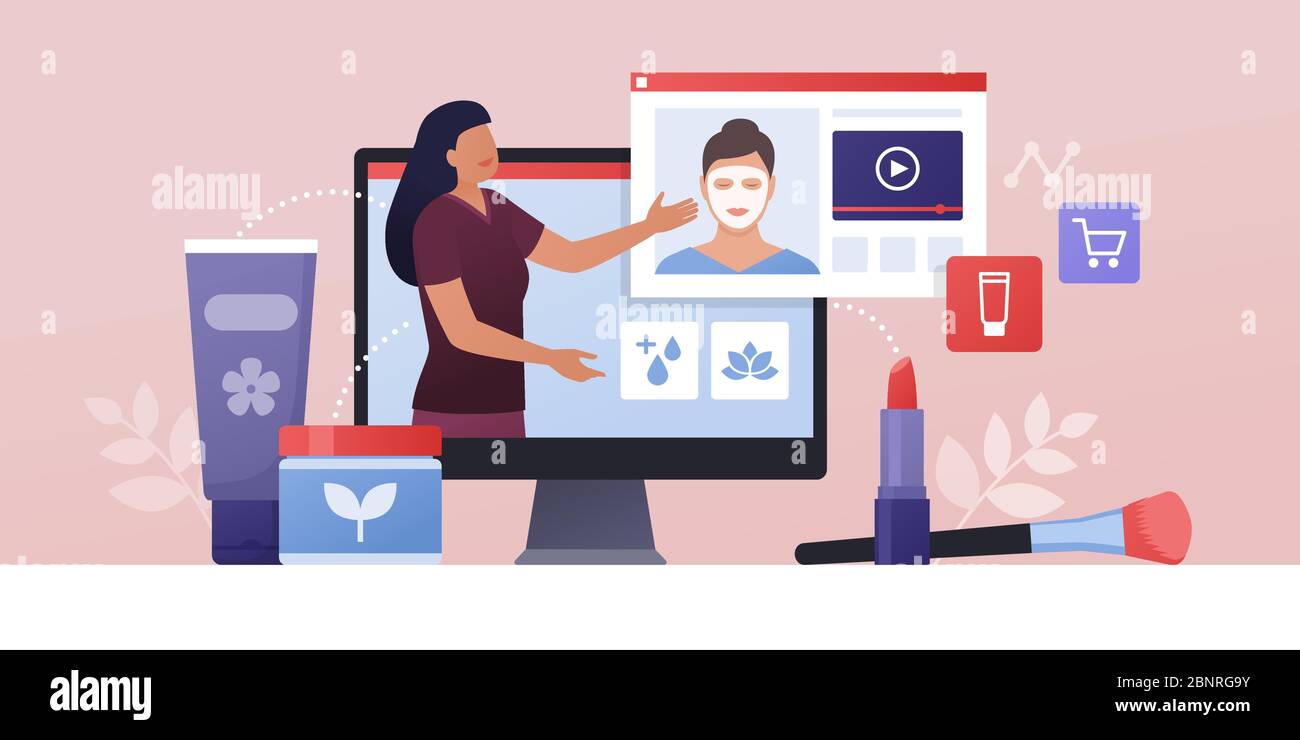 Esthéticienne professionnelle et vidéoblogger enseignant comment appliquer un masque hydratant: Apprentissage en ligne, beauté et travail à distance concept Illustration de Vecteur