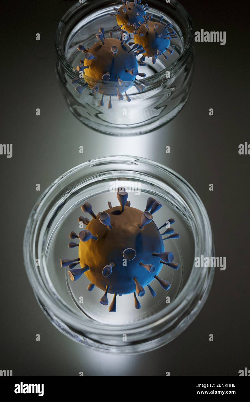 Virus Corona dans des boîtes de Petri sur fond abstrait Banque D'Images