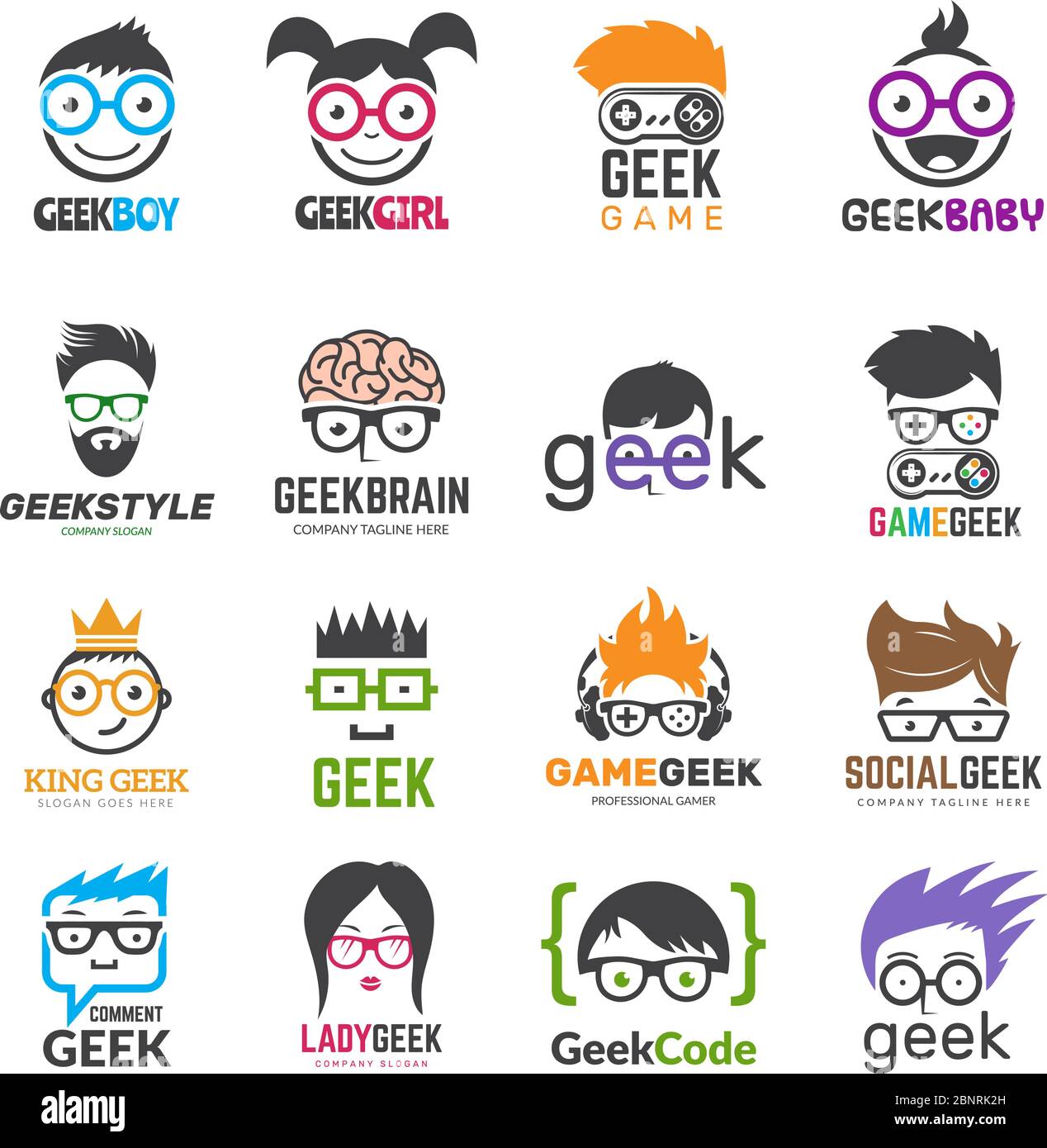 Logotypes geek. Identité pour les enfants intelligents programmeurs ordinateur conception de vecteur éducatif Illustration de Vecteur