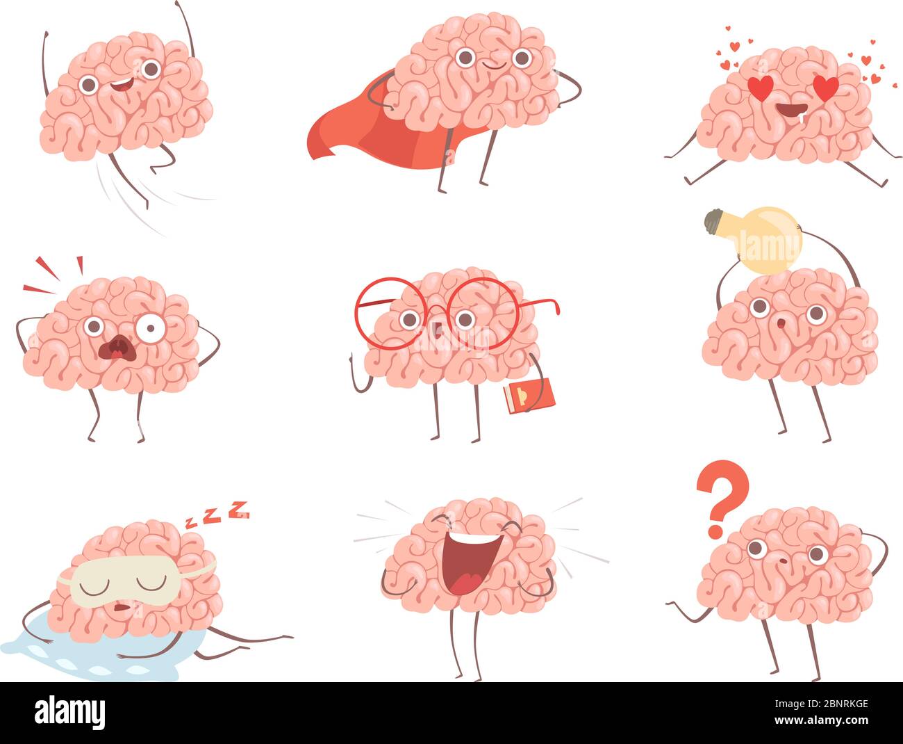 Personnages du cerveau. Mascotte de dessin animé faisant différents exercices de sport cerveau activités images vectorielles Illustration de Vecteur