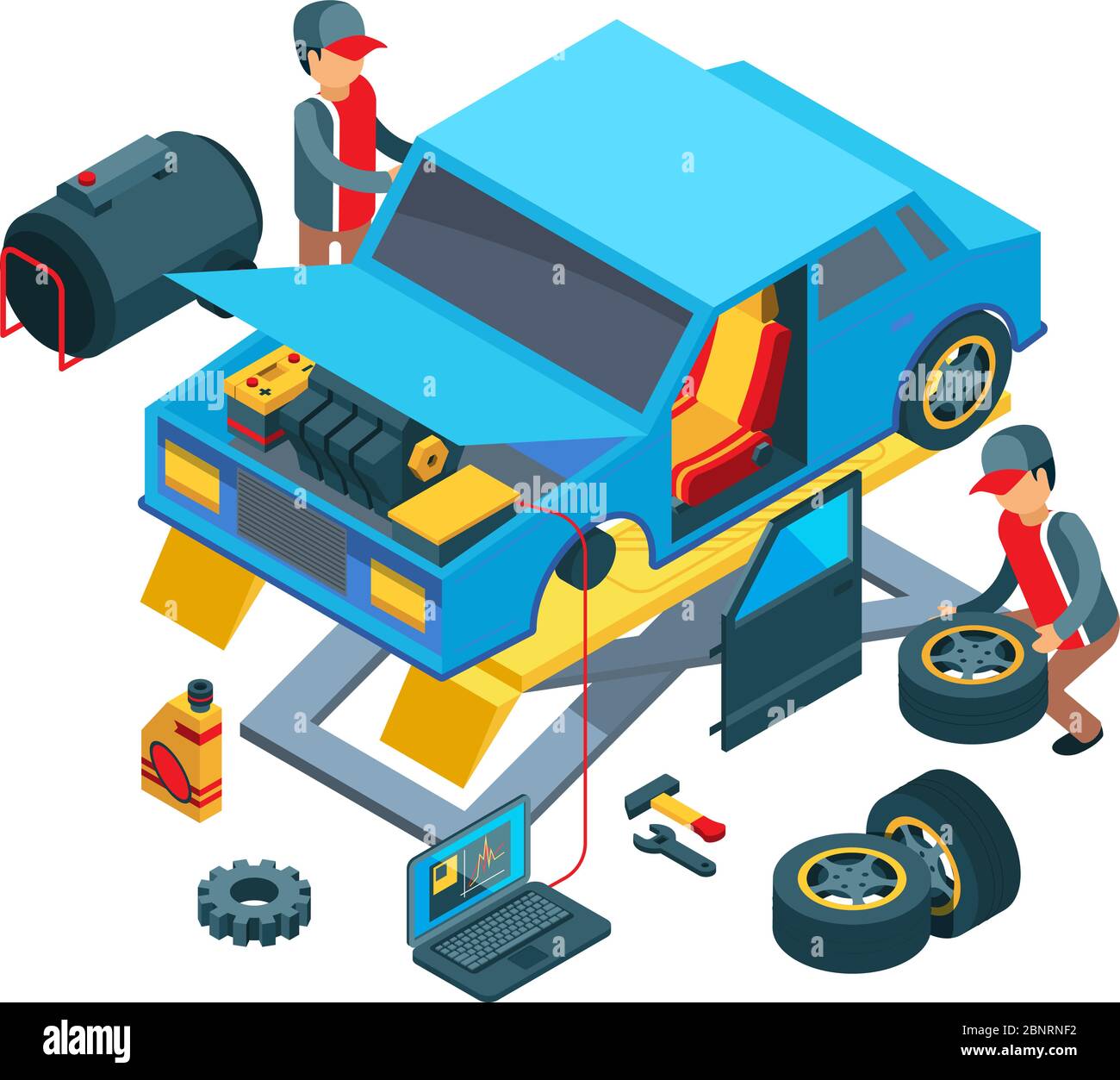 Changer les roues de la voiture. Techniciens travaillant dans le travail mécanique de service automatique de la réparation des détails de voiture image vectorielle Illustration de Vecteur