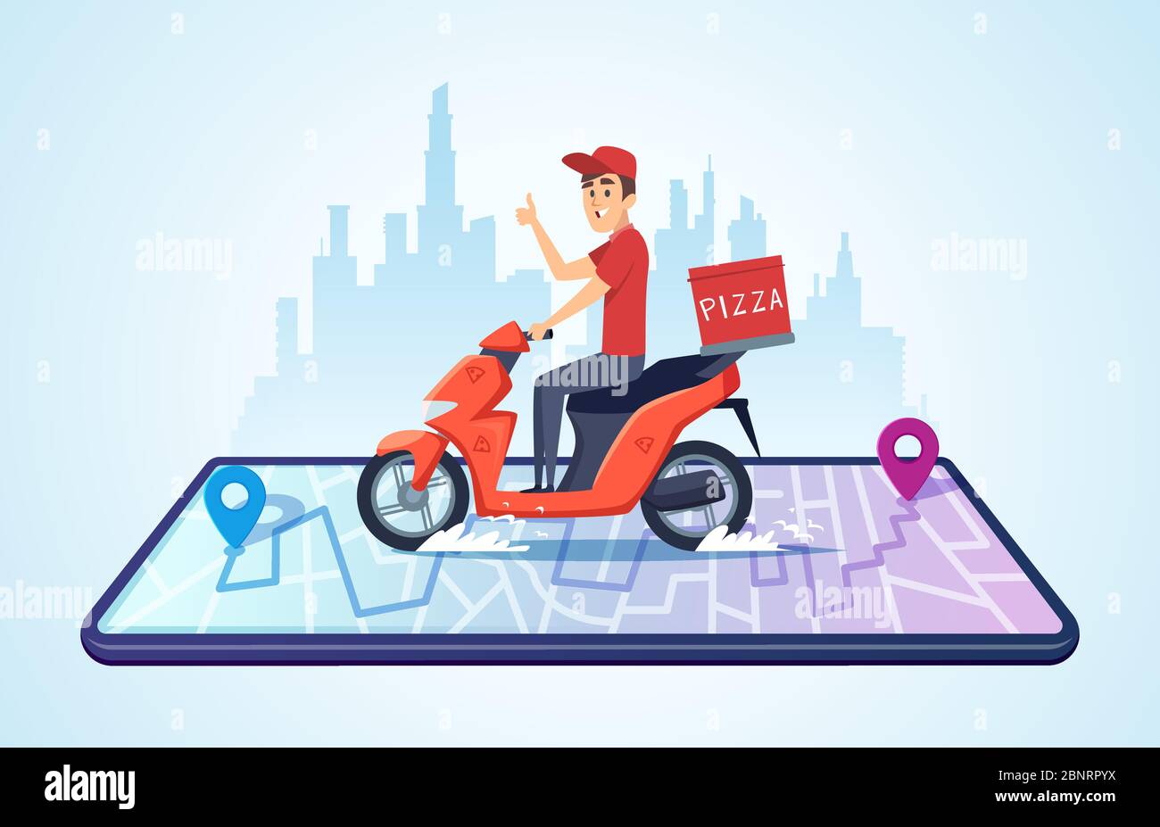 Livraison de pizza à moto. Paysage urbain avec transporteur de nourriture conduite de vélo livraison rapide concept vectoriel Illustration de Vecteur