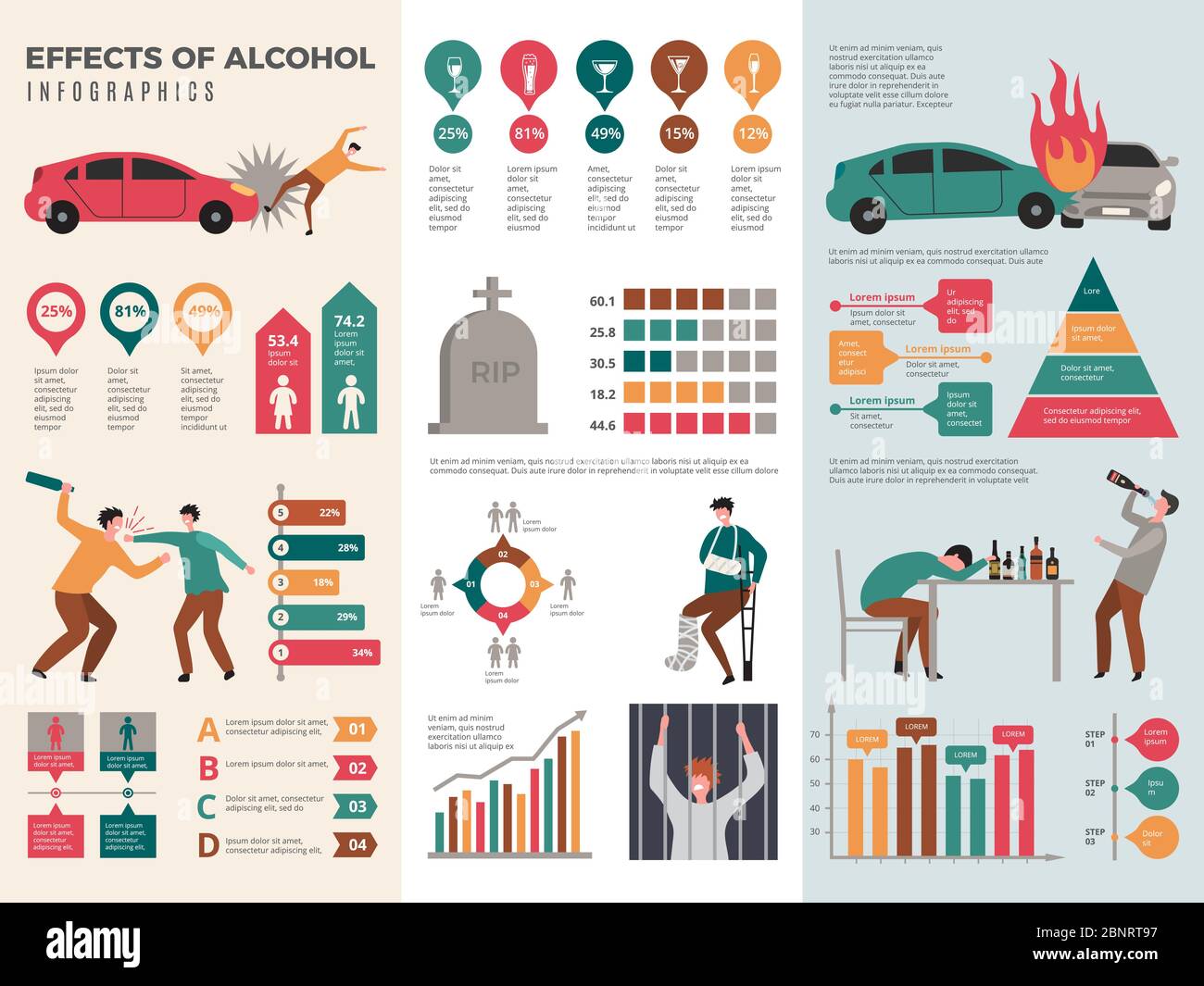 Infographies sur l'alcoolisme. Modèle de vecteur de santé alcoolique de conducteur ivre dangereux avec graphiques et graphiques Illustration de Vecteur
