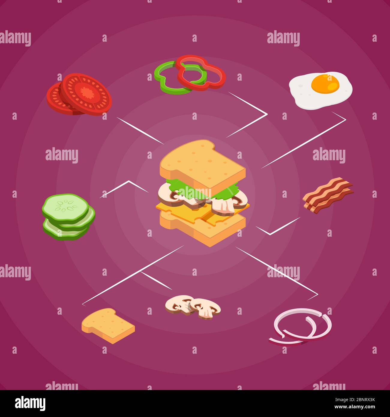 Illustration du concept d'infographie des ingrédients de hamburger isométriques vectoriels Illustration de Vecteur
