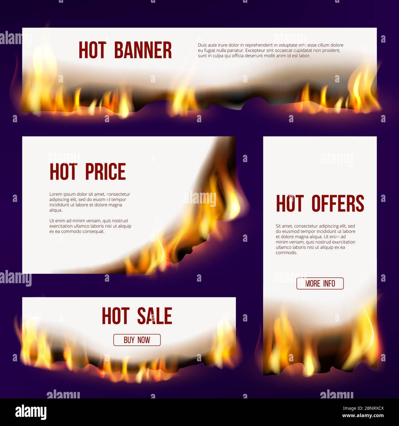 Les bannières flambont. Modèle de publicité avec feu langue brûlante vecteur de vente projet de conception avec texte Illustration de Vecteur