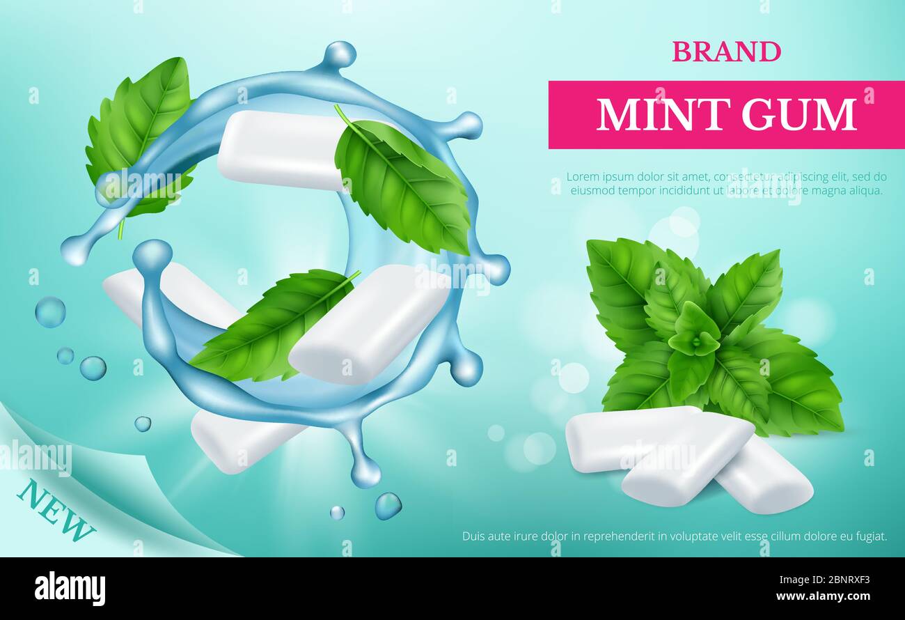 Gomme de menthe. Affiche publicitaire avec des bonbons frais et feuille de menthe vecteur modèle réaliste Illustration de Vecteur