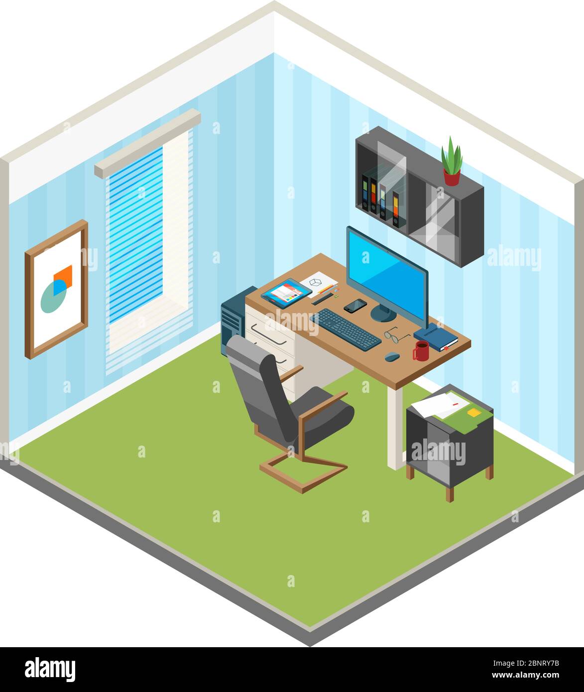 Espace de travail isométrique d'accueil. Design indépendant bureau lieu de travail art studio de production ordinateur moniteur illustrations vectorielles Illustration de Vecteur