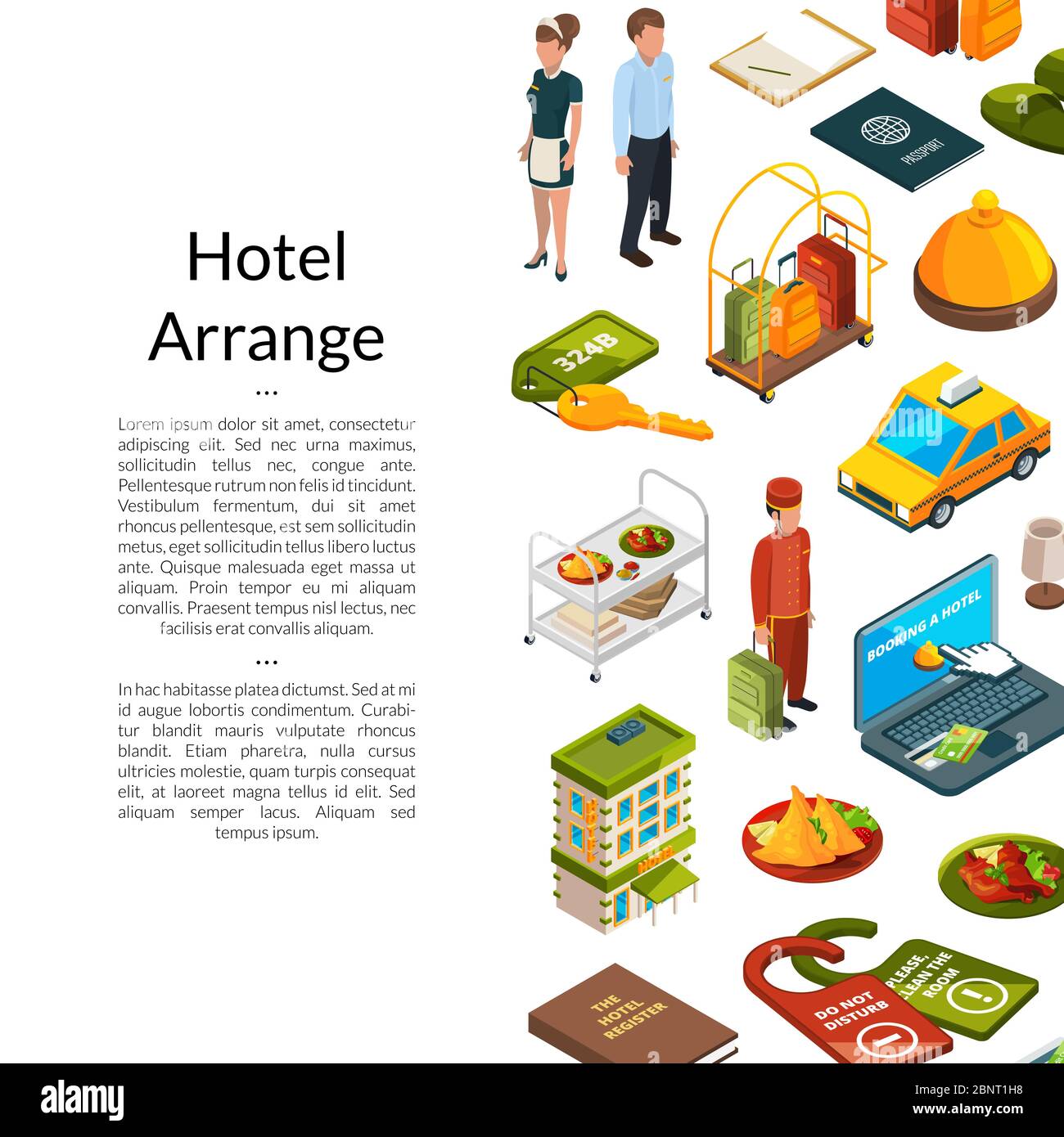 Fond des icônes d'hôtel isométrique Vector avec emplacement pour l'illustration de texte Illustration de Vecteur