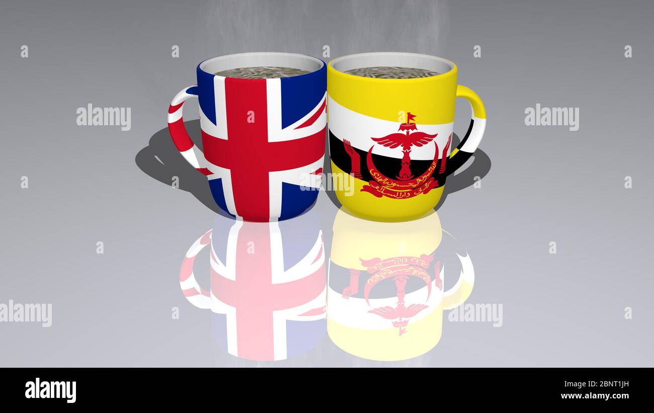 Le Royaume-Uni et Brunei montrent que les drapeaux nationaux sur les tasses de café sur le sol du miroir sont une image éditoriale et commerciale. Illustration 3D Banque D'Images