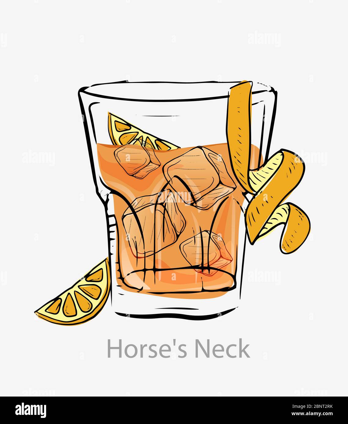 Cocktail de cou de cheval. Glaçons orange cocktail zeste de citron spirale tranche d'orange brandy. Illustration de Vecteur
