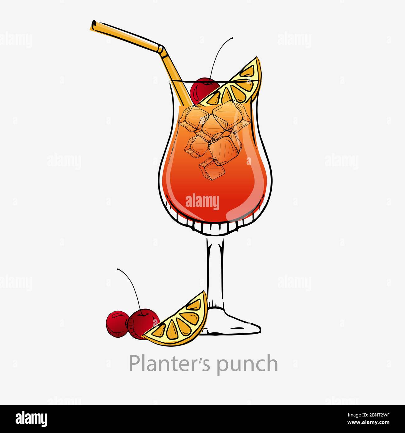 Punch pour jardinières de cocktail. Cube de glace en paille de cerise orange foncé avec tranche de citron. Illustration de Vecteur