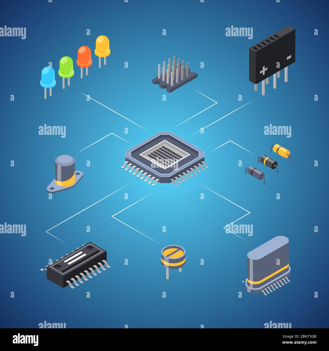 Illustrations conceptuelles des micropuces isométriques vectorielles et des icônes de pièces électroniques Illustration de Vecteur