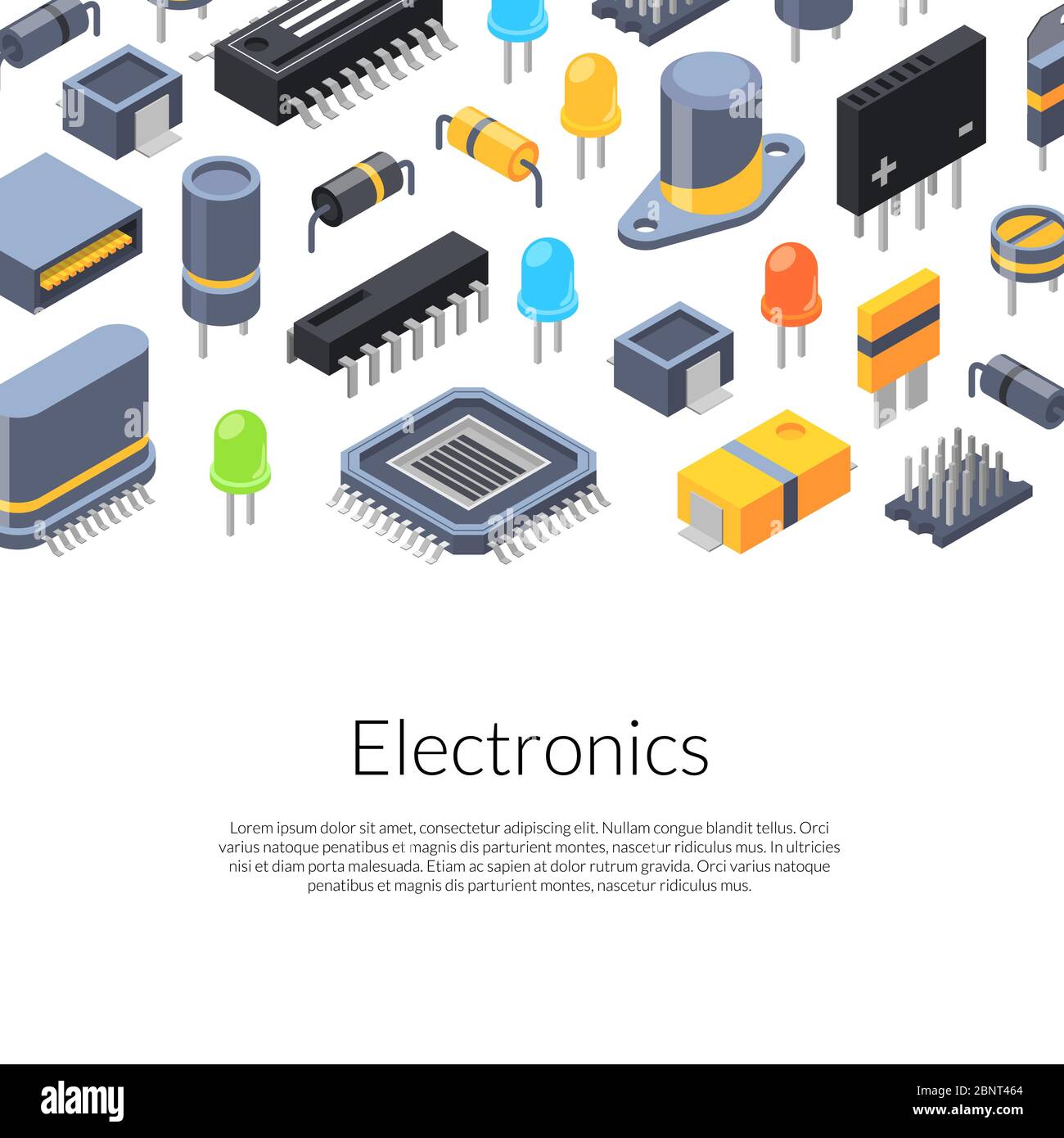 Illustration des micropuces isométriques vectorielles et des icônes de pièces électroniques Illustration de Vecteur