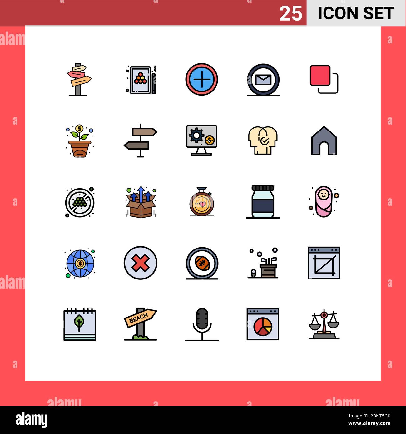 Symboles d'icône universelle Groupe de 25 lignes modernes remplies couleurs plates de quadruple, quatre, jeu, e-commerce, e-mail modifiable Vector Design éléments Illustration de Vecteur