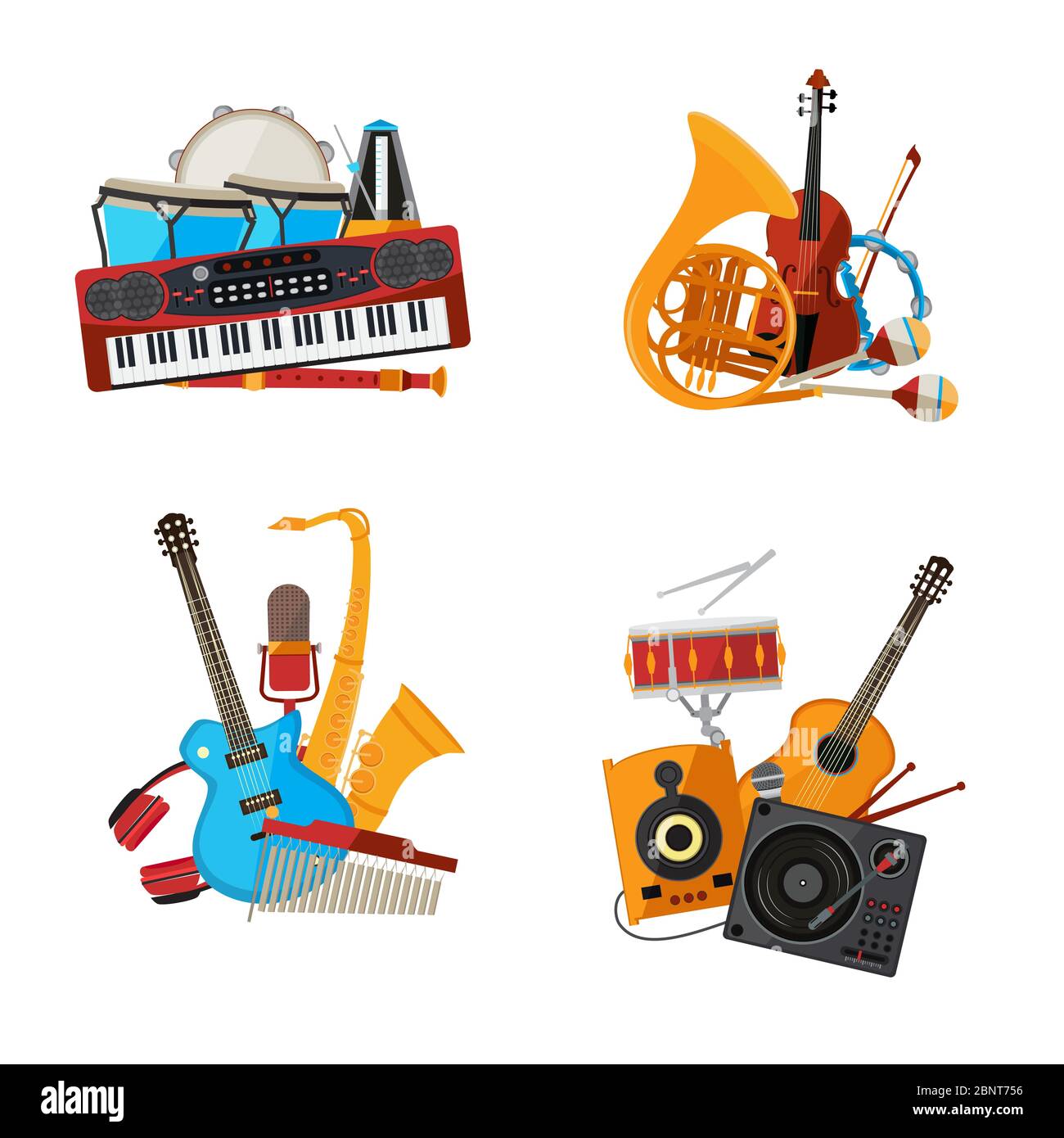 Des piles d'instruments de musique de dessin animé vectoriel sont isolées sur fond blanc Illustration de Vecteur