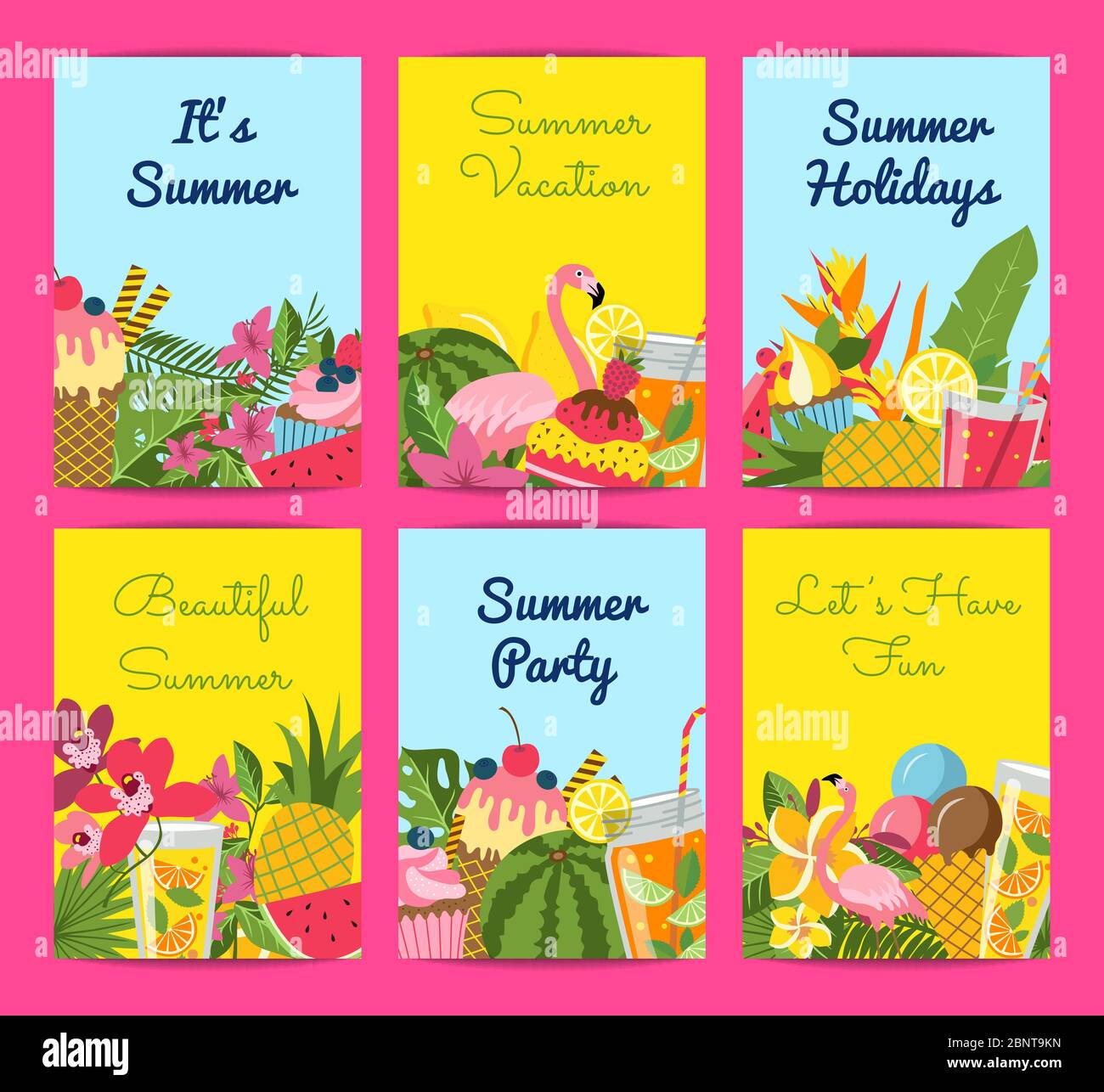 Vector plat éléments d'été mignons, cocktails, flamants roses Illustration de Vecteur