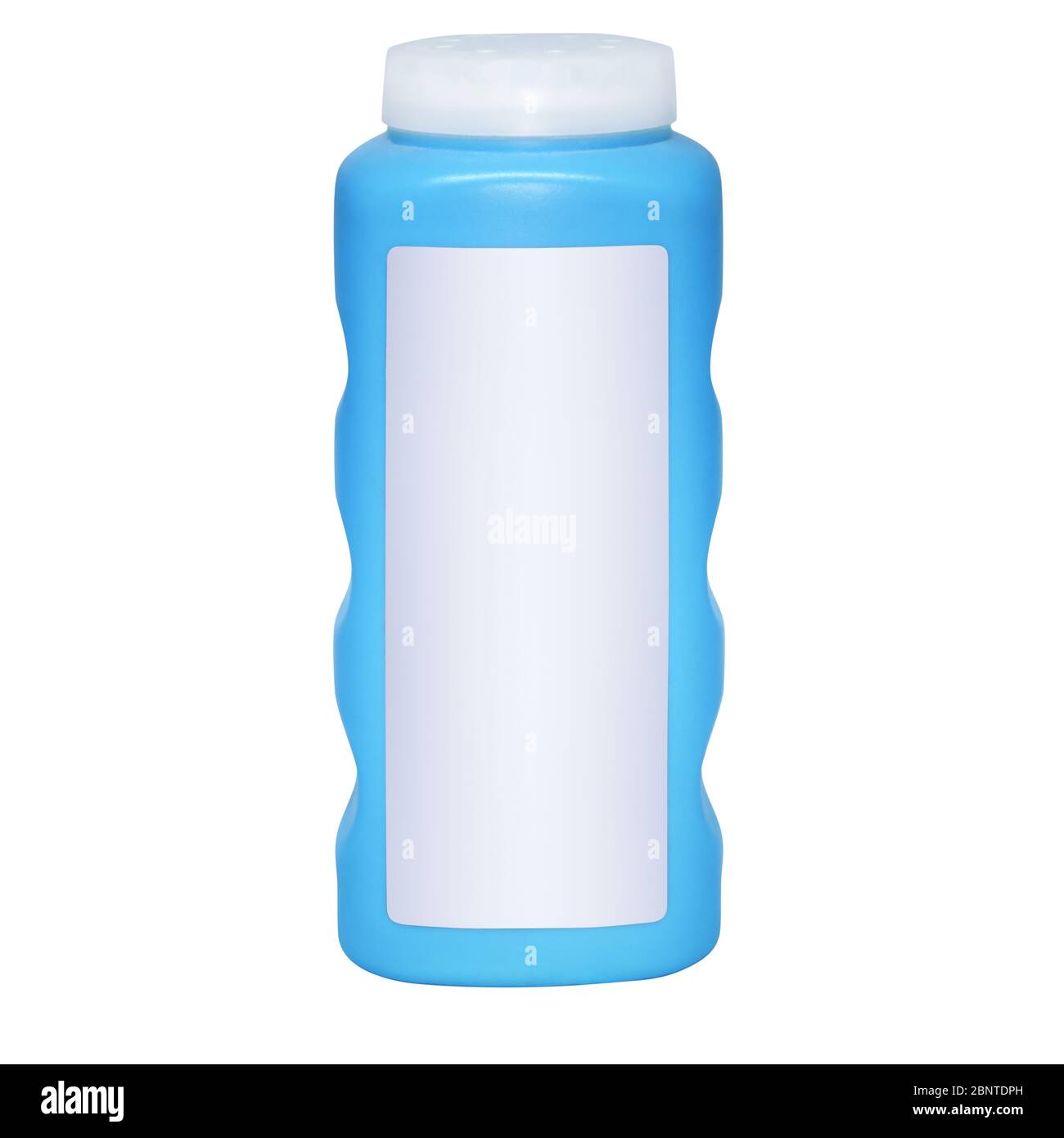 flacon en plastique bleu avec étiquette propre isolée sur fond blanc Banque D'Images