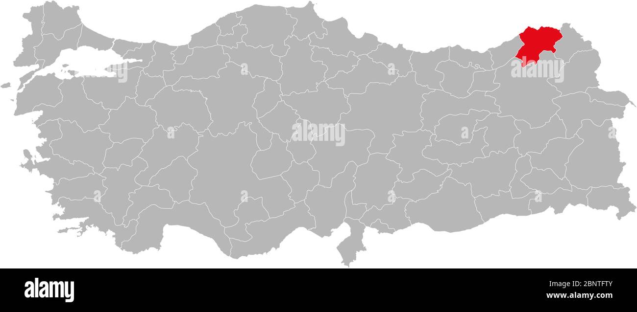 La province d'Artvin est marquée en rouge sur le vecteur de carte de la turquie. Fond gris. Illustration de Vecteur