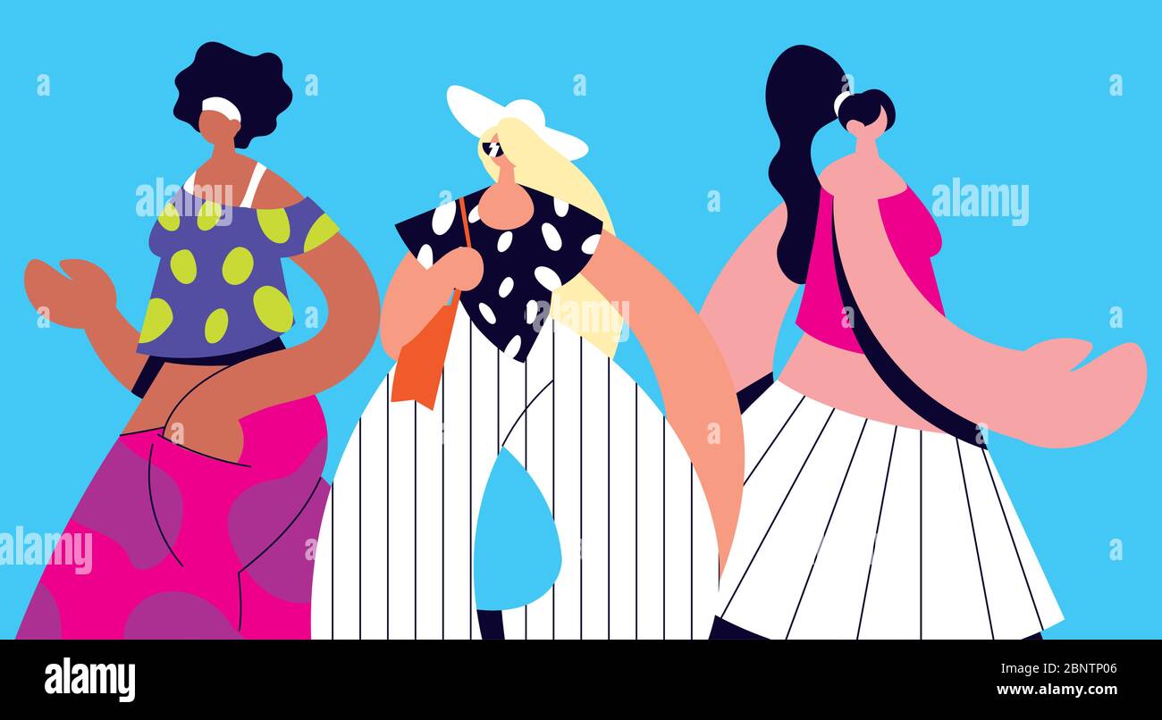 femmes debout dans différentes poses avec vêtements mode vecteur illustration design Illustration de Vecteur