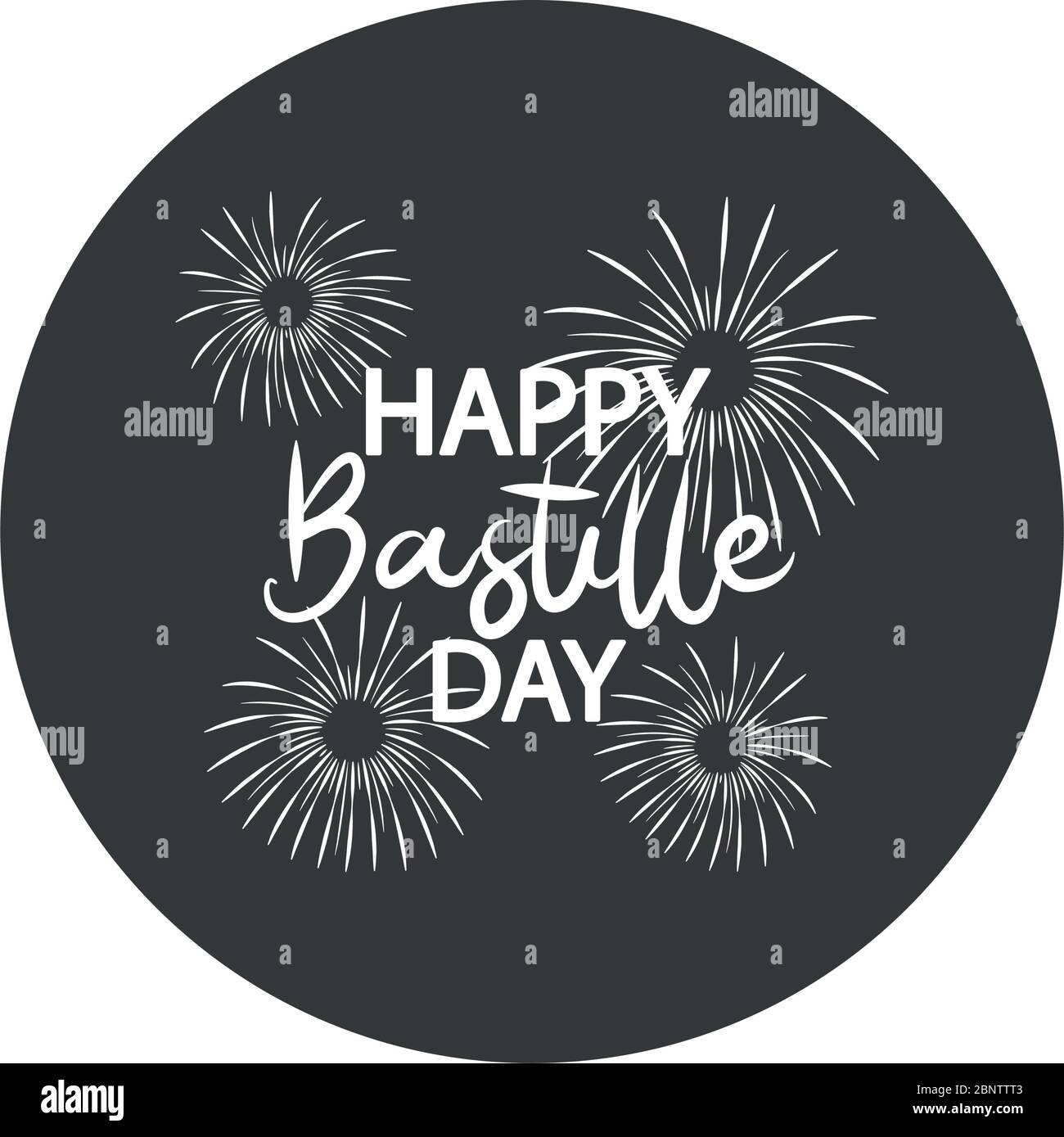 Happy bastille Day lettrage et feux d'artifice décoratifs sur fond blanc, style silhouette bloc, illustration vectorielle Illustration de Vecteur