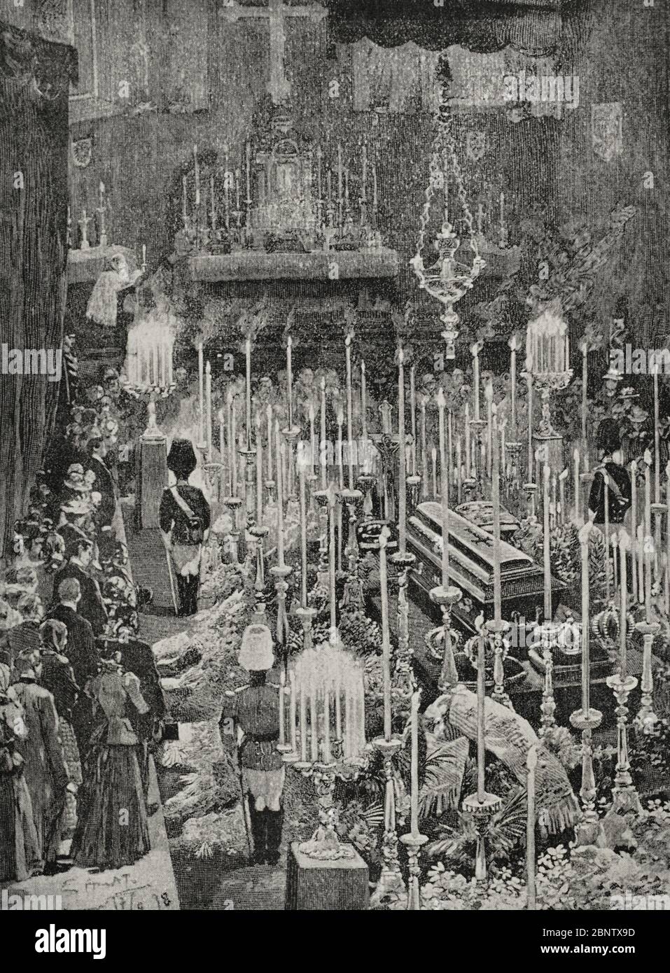 Autriche. Viena. Los funerales de la emperatriz Isabel de Austria (1837-1898). El público visitando el cadáver de S. M. I. en la capilla de Hofburg, el 16 de septiembre de 1898. La emperatriz fue asesinada por un anarquista italiano mientras paseaba por el Lago Lemán en Ginèra. Fotograbado. La Ilustración Española y Americana,30 de septiembre de 1898. Banque D'Images